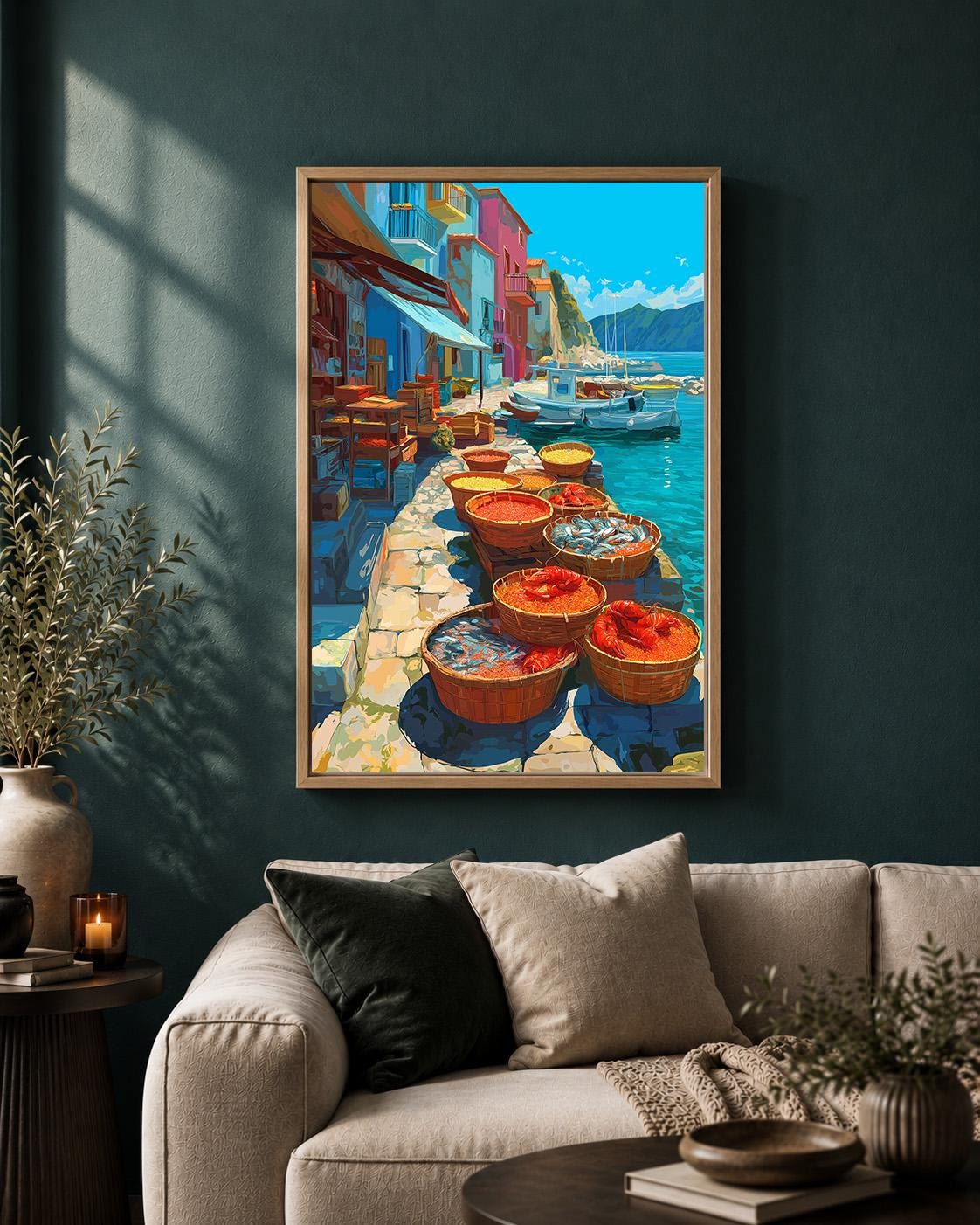 Mediterranean Fish Market Framed Canvas Art, Coastal Harbor Print, Italian Riviera Seafood Decor by The Wall Art Studio -...