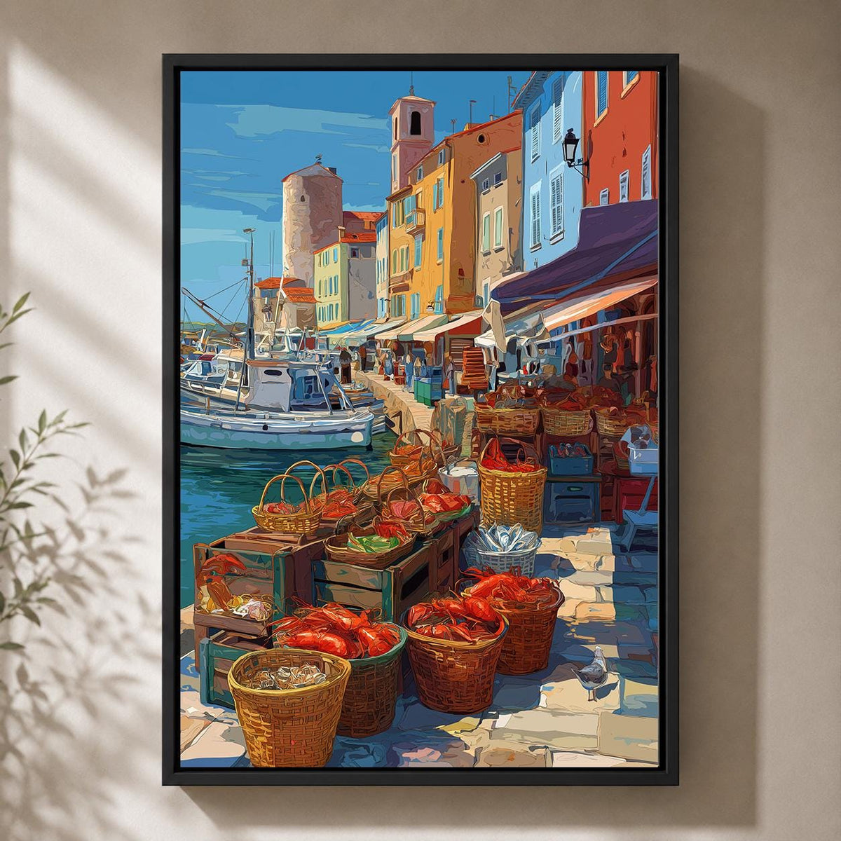 Mediterranean Fish Market Framed Canvas Art, Coastal Harbor Print, Italian Riviera Seafood Decor by The Wall Art Studio -...