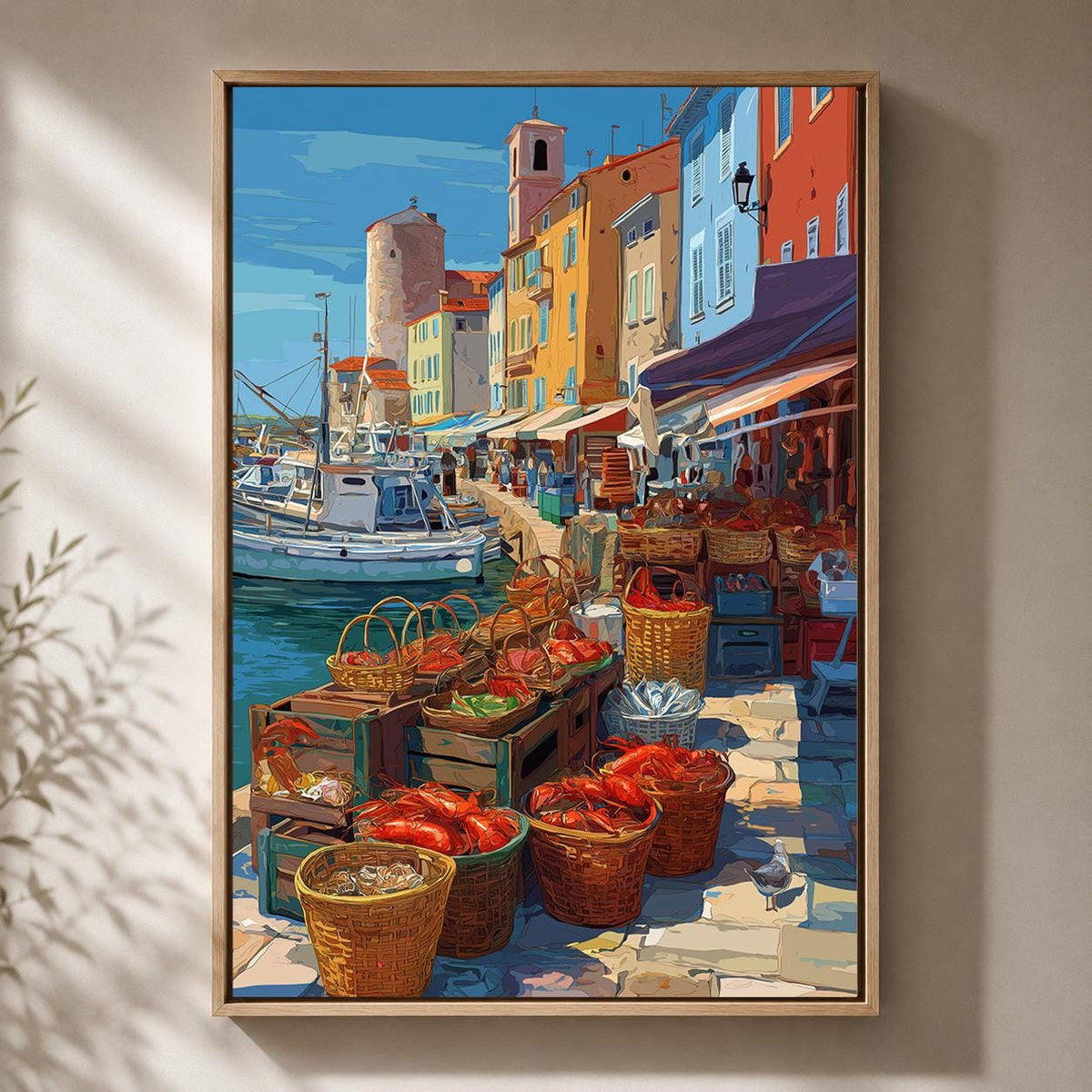 Mediterranean Fish Market Framed Canvas Art, Coastal Harbor Print, Italian Riviera Seafood Decor by The Wall Art Studio -...