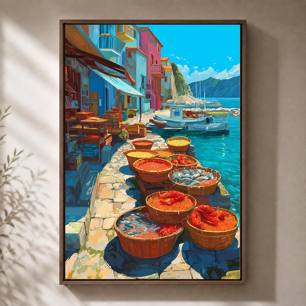 Mediterranean Fish Market Framed Canvas Art, Coastal Harbor Print, Italian Riviera Seafood Decor by The Wall Art Studio -...