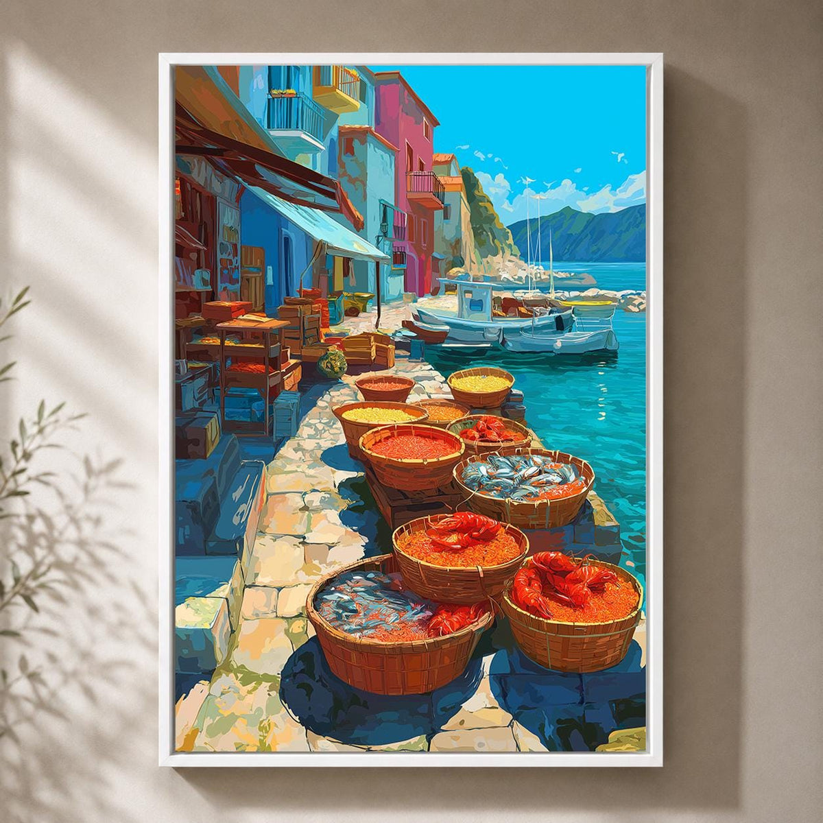 Mediterranean Fish Market Framed Canvas Art, Coastal Harbor Print, Italian Riviera Seafood Decor by The Wall Art Studio -...