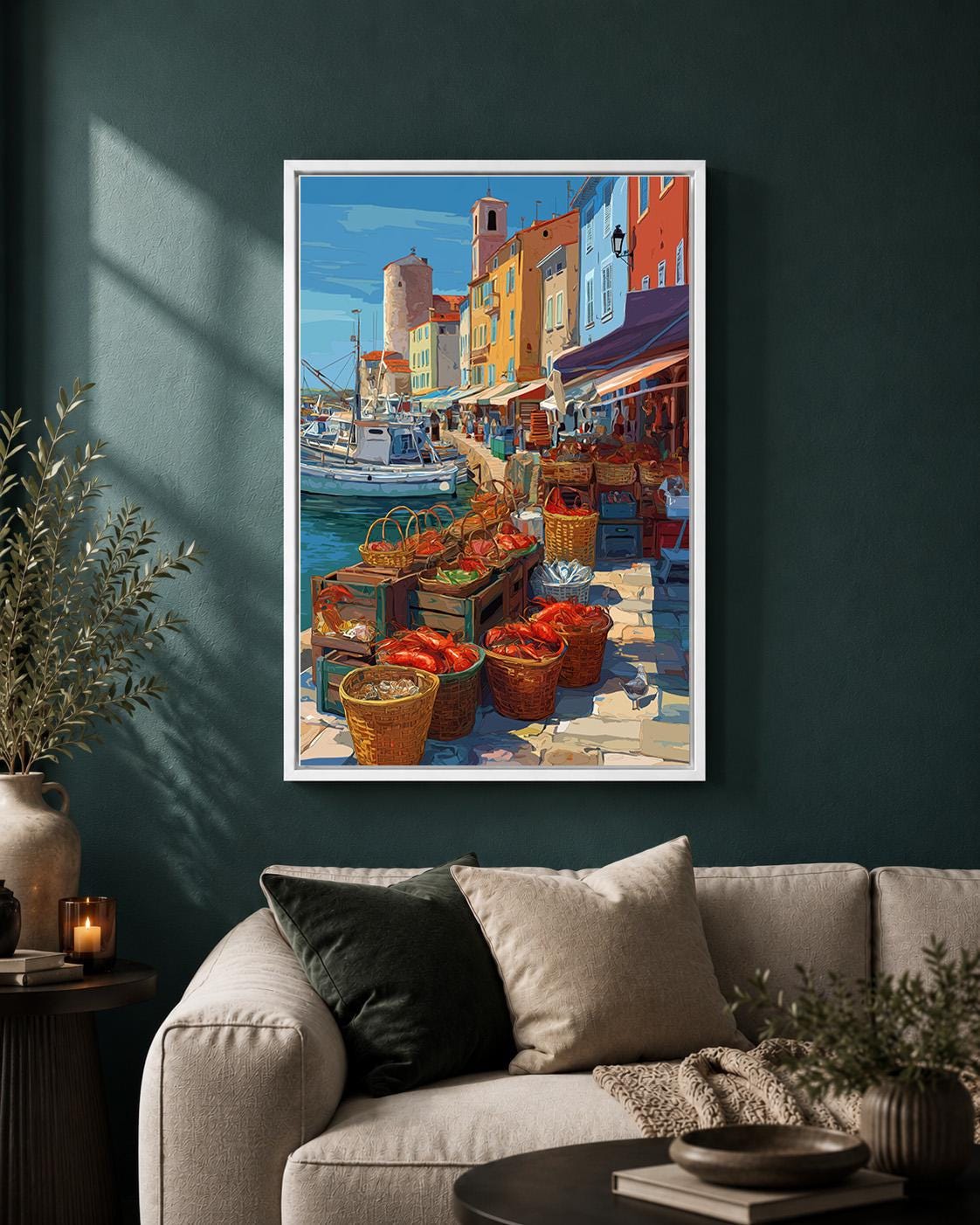 Mediterranean Fish Market Framed Canvas Art, Coastal Harbor Print, Italian Riviera Seafood Decor by The Wall Art Studio -...