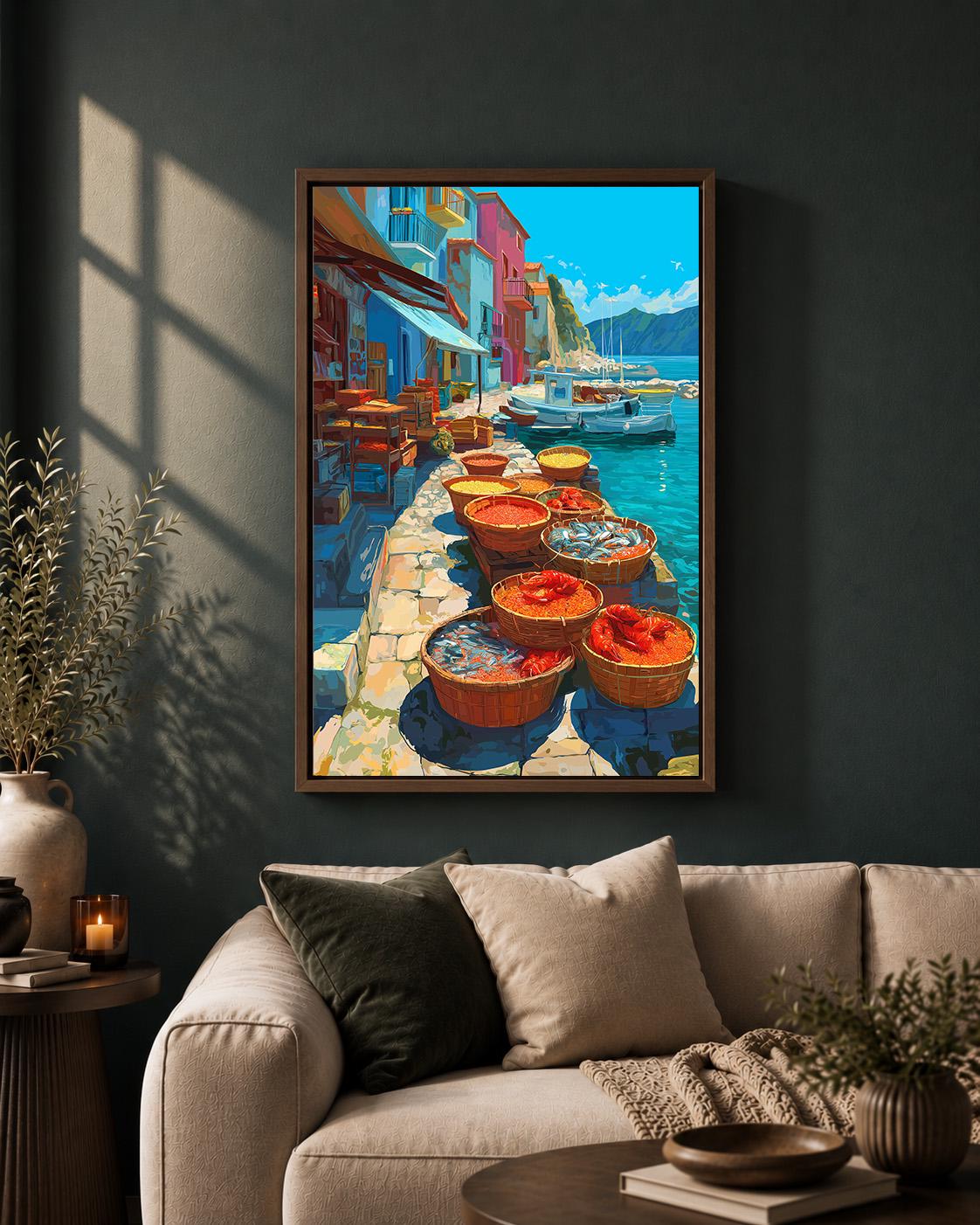 Mediterranean Fish Market Framed Canvas Art, Coastal Harbor Print, Italian Riviera Seafood Decor by The Wall Art Studio -...