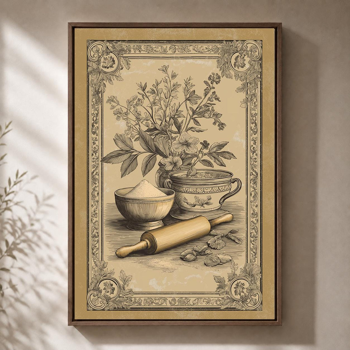 Mediterranean Kitchen Framed Canvas Art, Olive Oil Bread Print, Tuscan Farmhouse Decor by The Wall Art Studio - physical