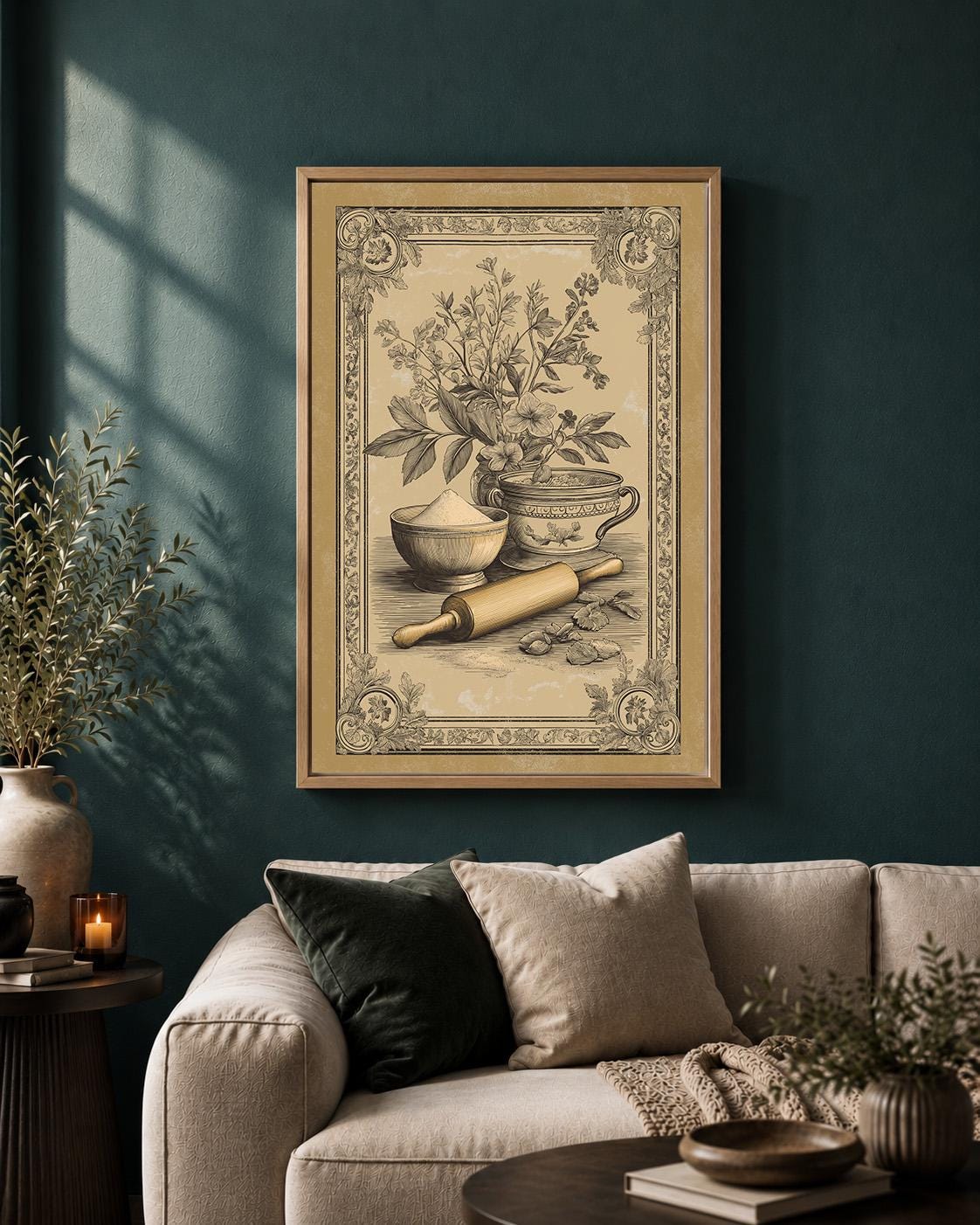 Mediterranean Kitchen Framed Canvas Art, Olive Oil Bread Print, Tuscan Farmhouse Decor by The Wall Art Studio - physical