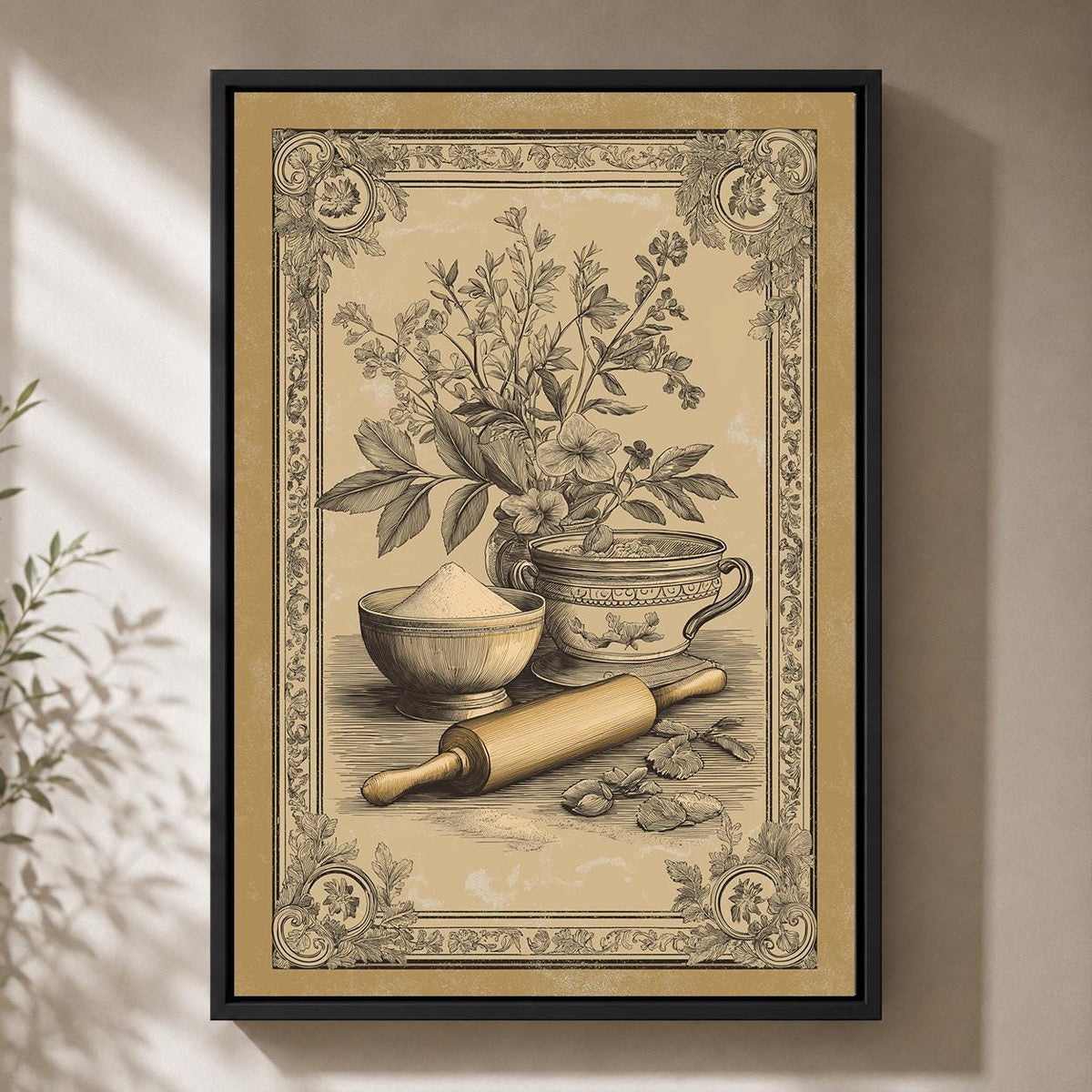 Mediterranean Kitchen Framed Canvas Art, Olive Oil Bread Print, Tuscan Farmhouse Decor by The Wall Art Studio - physical