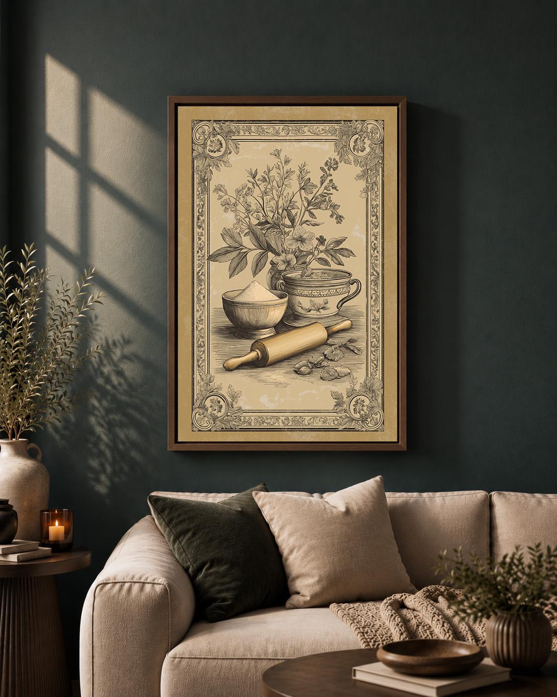 Mediterranean Kitchen Framed Canvas Art, Olive Oil Bread Print, Tuscan Farmhouse Decor by The Wall Art Studio - physical