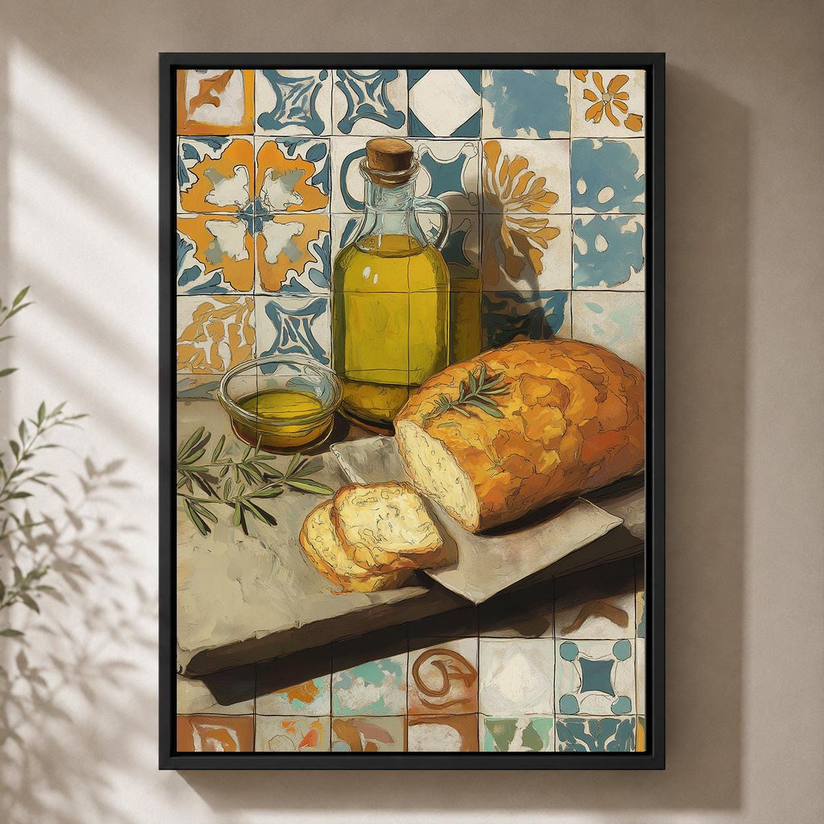 Mediterranean Kitchen Framed Canvas Art, Olive Oil Bread Print, Tuscan Farmhouse Decor by The Wall Art Studio - physical