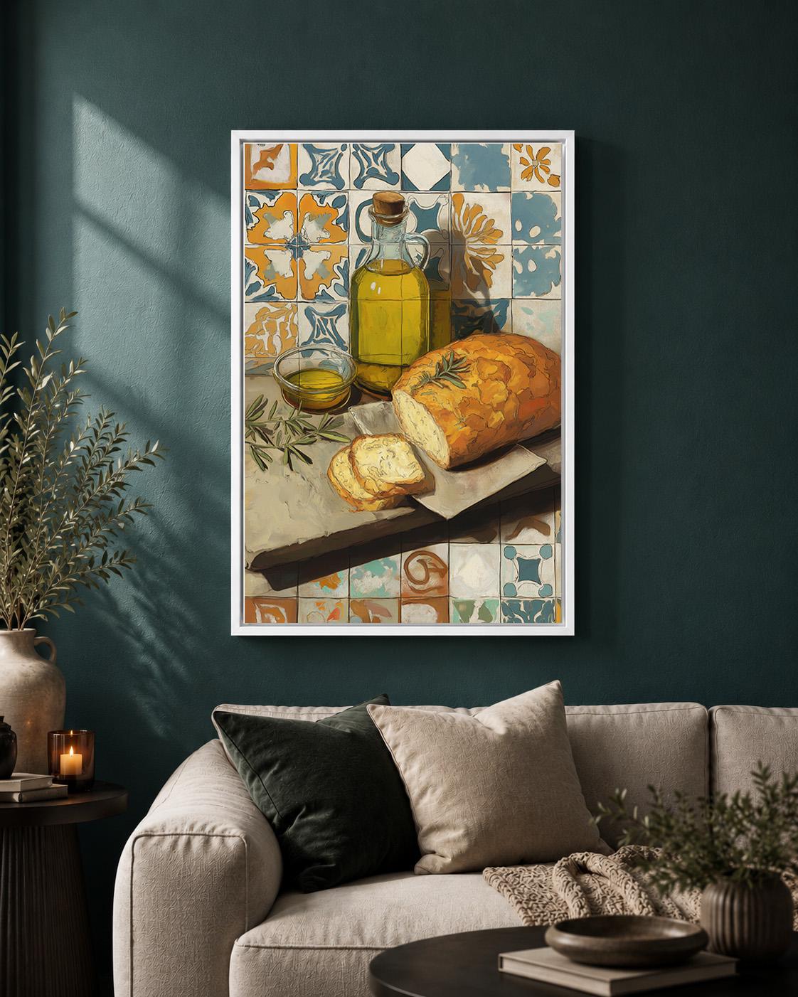 Mediterranean Kitchen Framed Canvas Art, Olive Oil Bread Print, Tuscan Farmhouse Decor by The Wall Art Studio - physical