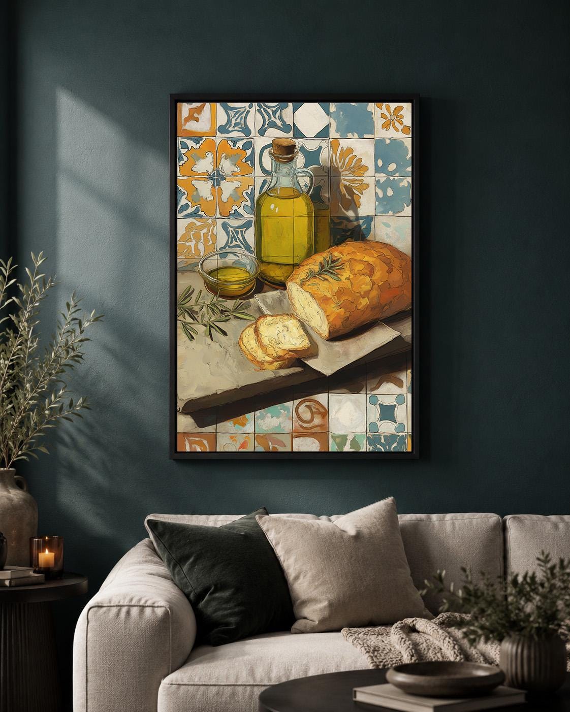 Mediterranean Kitchen Framed Canvas Art, Olive Oil Bread Print, Tuscan Farmhouse Decor by The Wall Art Studio - physical