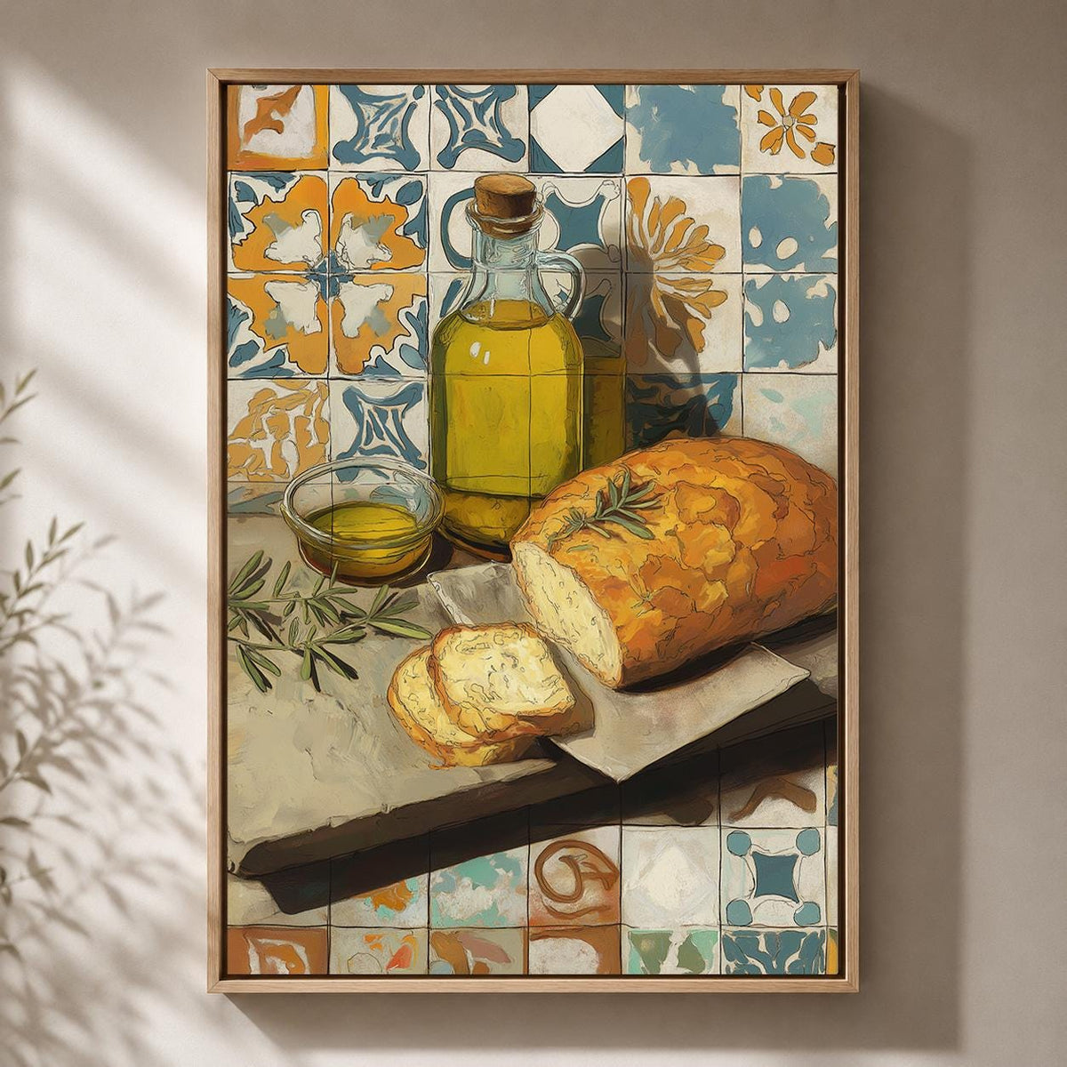 Mediterranean Kitchen Framed Canvas Art, Olive Oil Bread Print, Tuscan Farmhouse Decor by The Wall Art Studio - physical