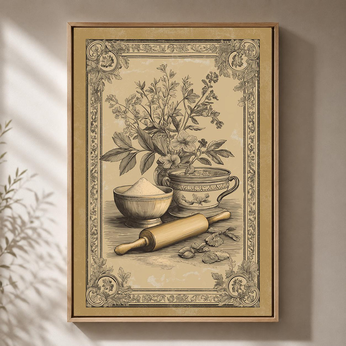 Mediterranean Kitchen Framed Canvas Art, Olive Oil Bread Print, Tuscan Farmhouse Decor by The Wall Art Studio - physical