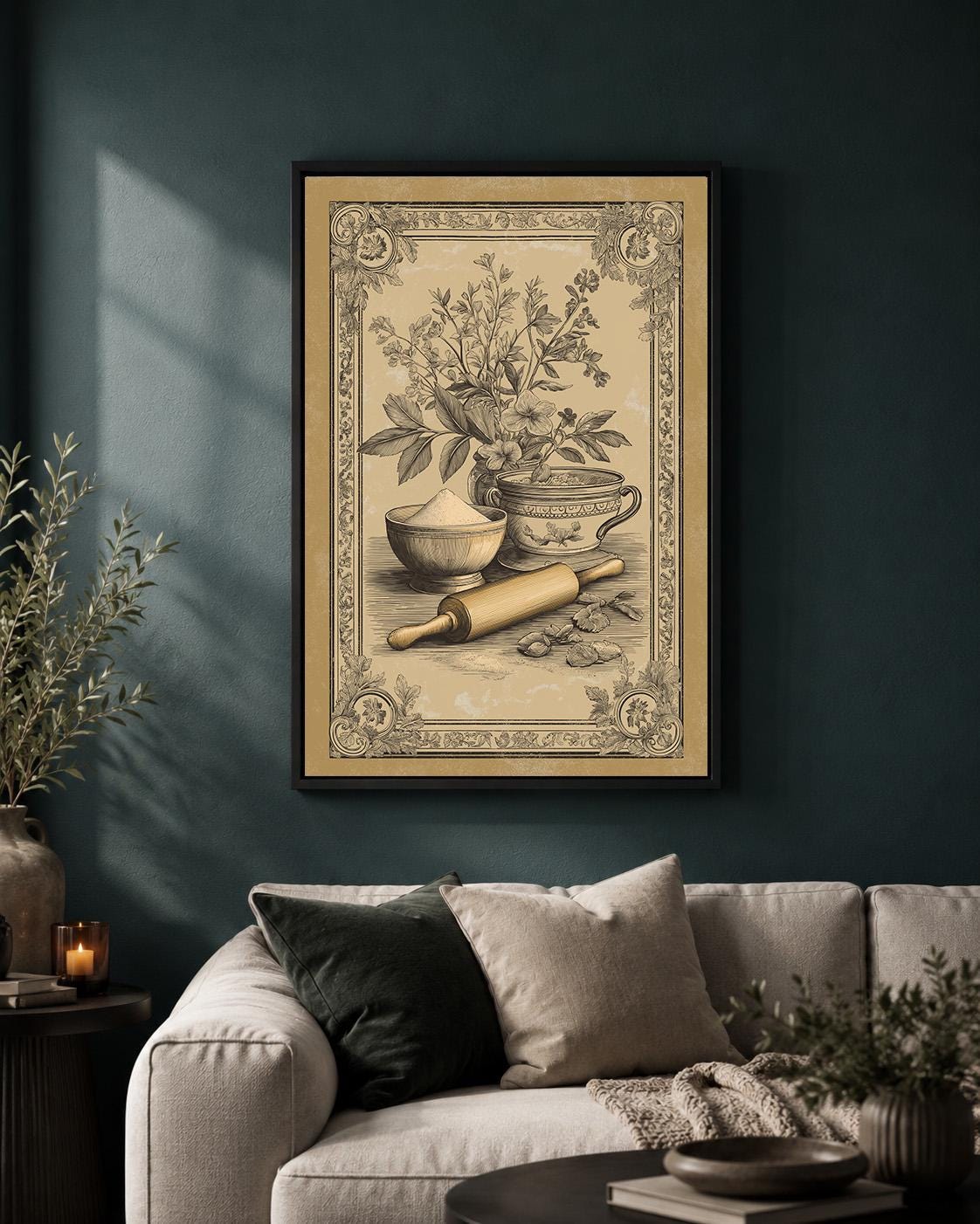 Mediterranean Kitchen Framed Canvas Art, Olive Oil Bread Print, Tuscan Farmhouse Decor by The Wall Art Studio - physical
