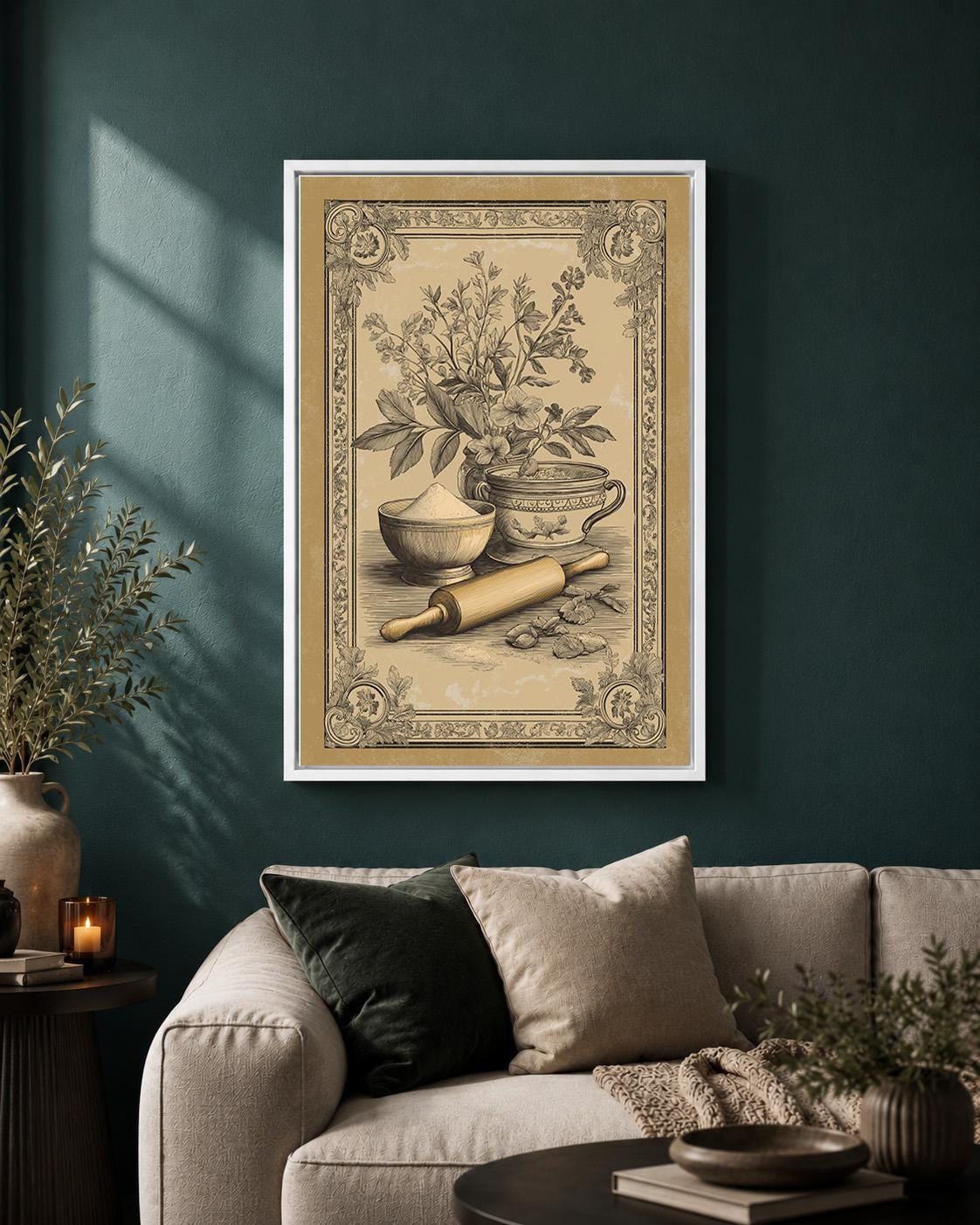 Mediterranean Kitchen Framed Canvas Art, Olive Oil Bread Print, Tuscan Farmhouse Decor by The Wall Art Studio - physical