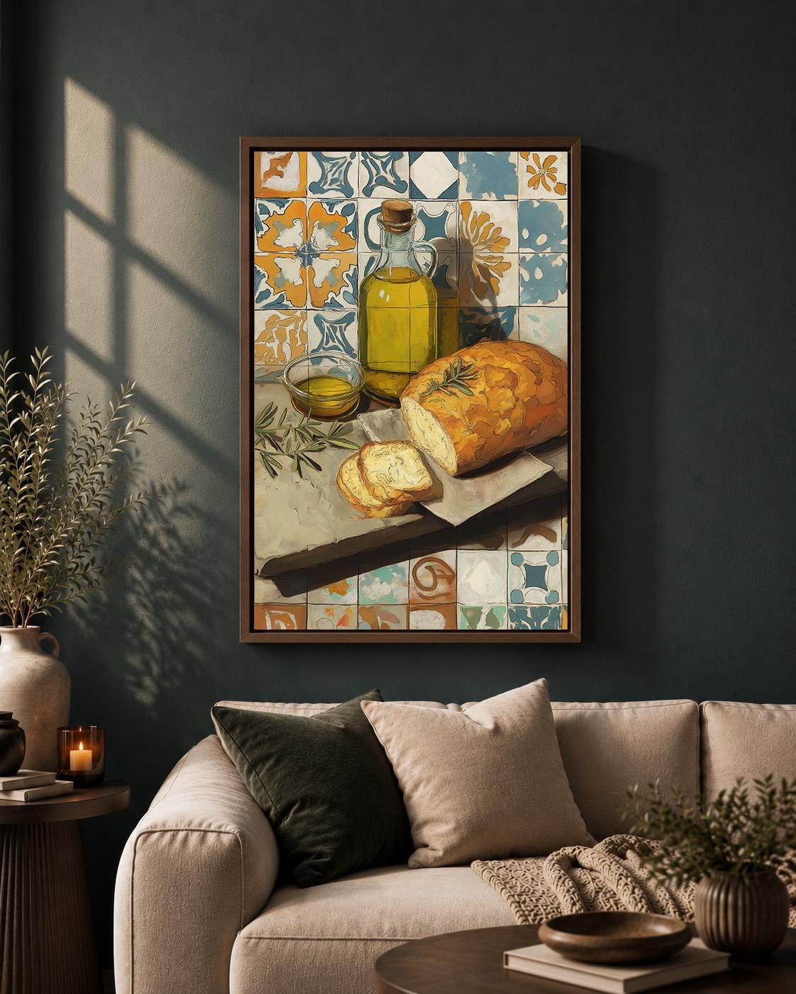 Mediterranean Kitchen Framed Canvas Art, Olive Oil Bread Print, Tuscan Farmhouse Decor by The Wall Art Studio - physical