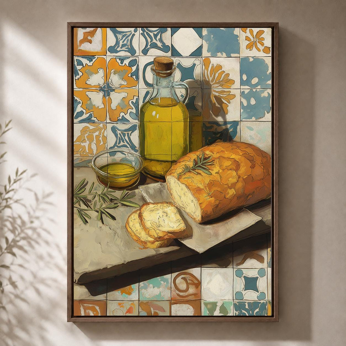 Mediterranean Kitchen Framed Canvas Art, Olive Oil Bread Print, Tuscan Farmhouse Decor by The Wall Art Studio - physical