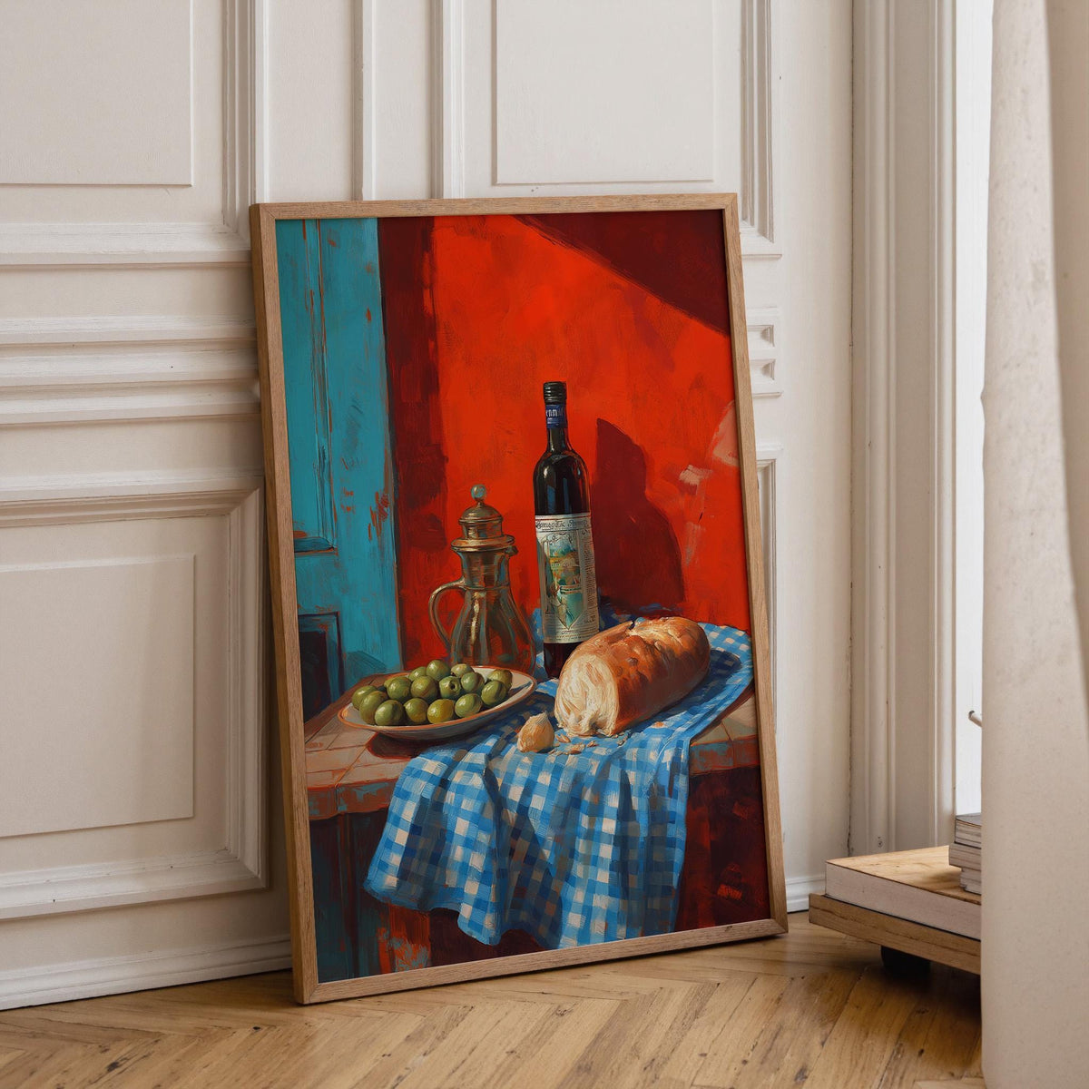 Mediterranean Kitchen Wall Art Print, Olive Oil Wine and Bread Painting, Italian Food Decor, Tuscan Dining Artwork (Framed...
