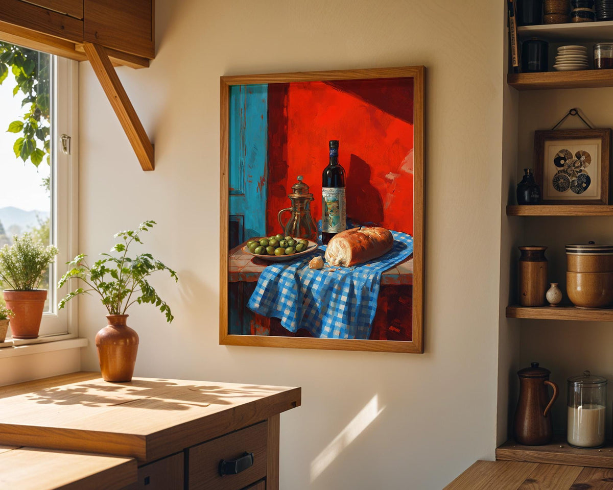Mediterranean Kitchen Wall Art Print, Olive Oil Wine and Bread Painting, Italian Food Decor, Tuscan Dining Artwork (Framed...