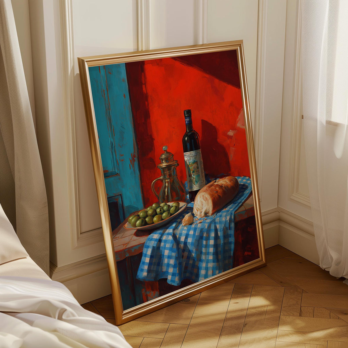 Mediterranean Kitchen Wall Art Print, Olive Oil Wine and Bread Painting, Italian Food Decor, Tuscan Dining Artwork (Framed...
