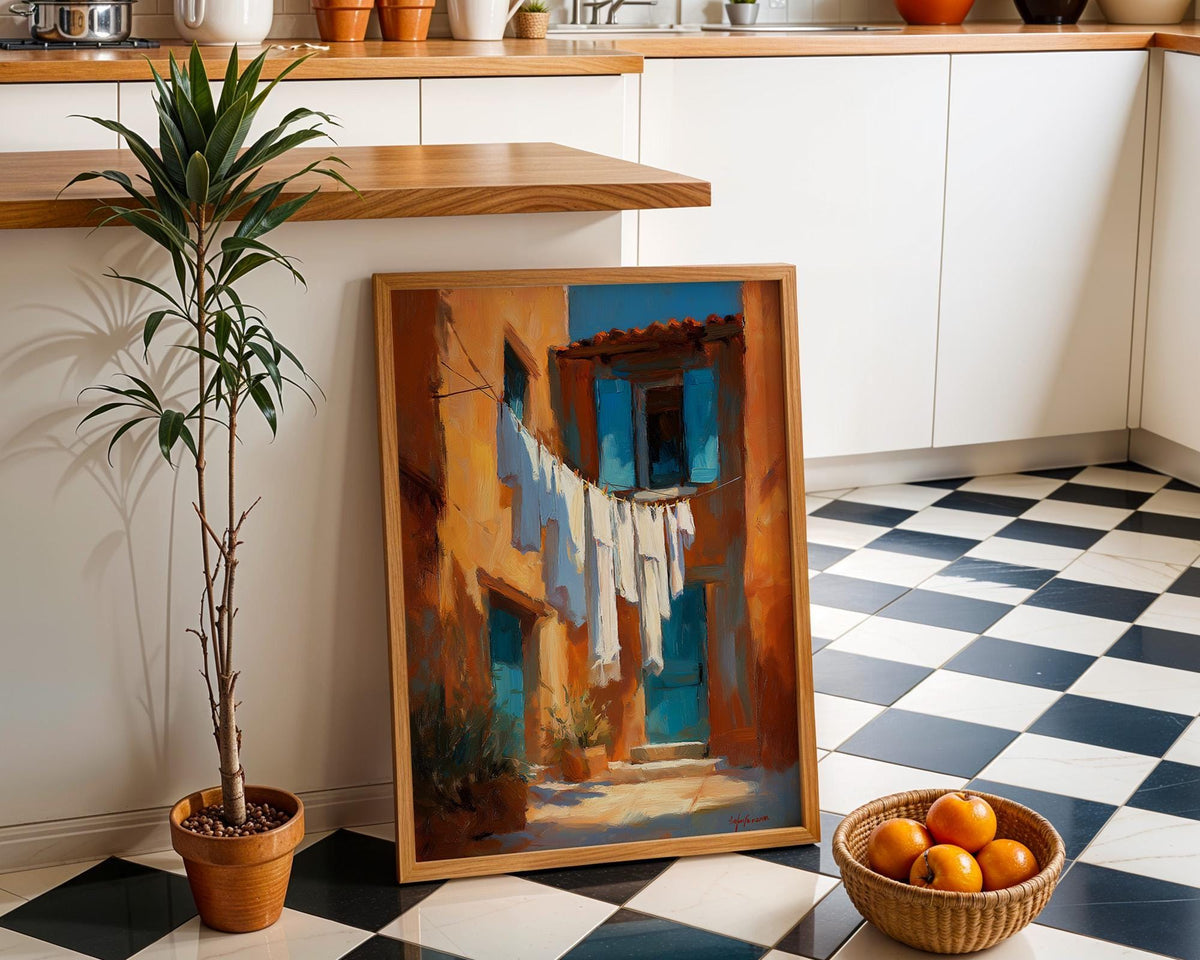 Mediterranean Laundry Line Wall Art, Rustic Italian Alley Print, Coastal Village Painting, Blue Shutter Linen Poster Decor...