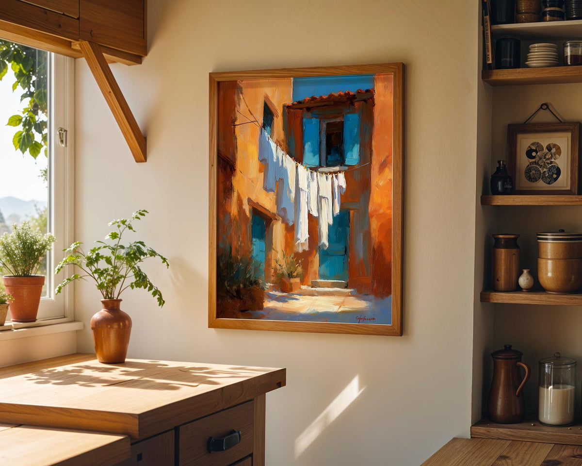 Mediterranean Laundry Line Wall Art, Rustic Italian Alley Print, Coastal Village Painting, Blue Shutter Linen Poster Decor...