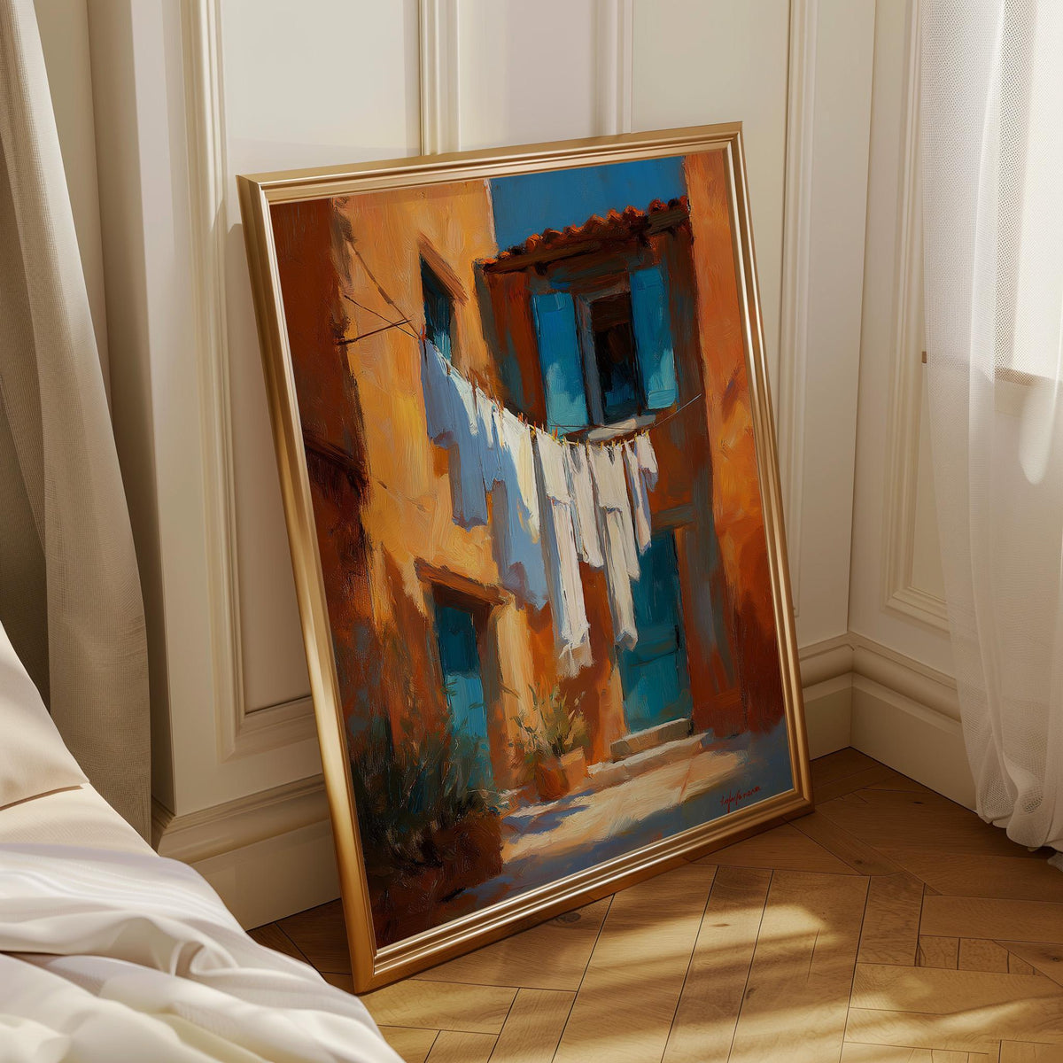 Mediterranean Laundry Line Wall Art, Rustic Italian Alley Print, Coastal Village Painting, Blue Shutter Linen Poster Decor...