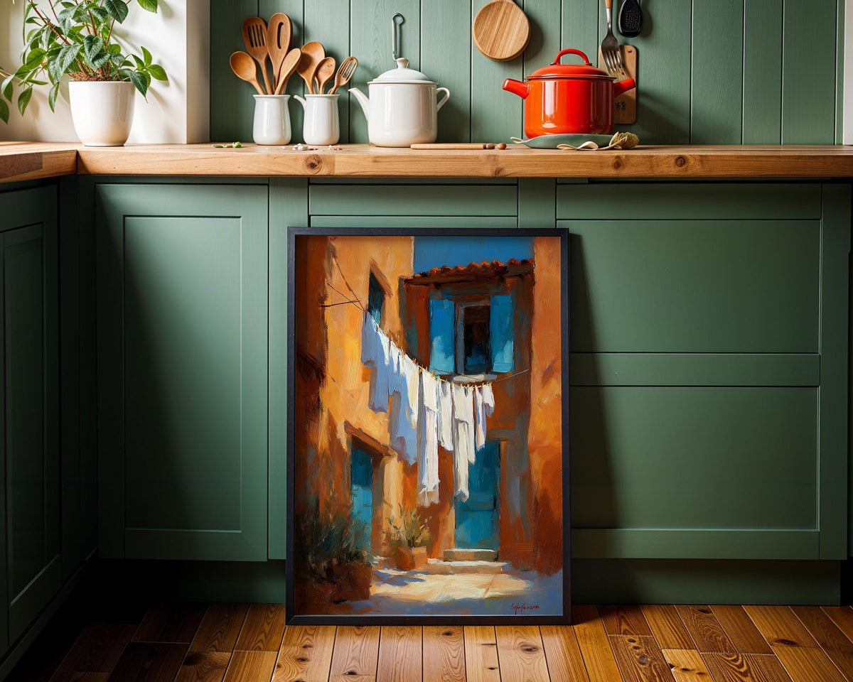 Mediterranean Laundry Line Wall Art, Rustic Italian Alley Print, Coastal Village Painting, Blue Shutter Linen Poster Decor...