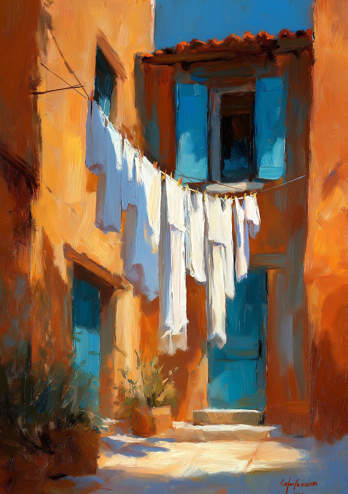 Mediterranean Laundry Line Wall Art, Rustic Italian Alley Print, Coastal Village Painting, Blue Shutter Linen Poster Decor...