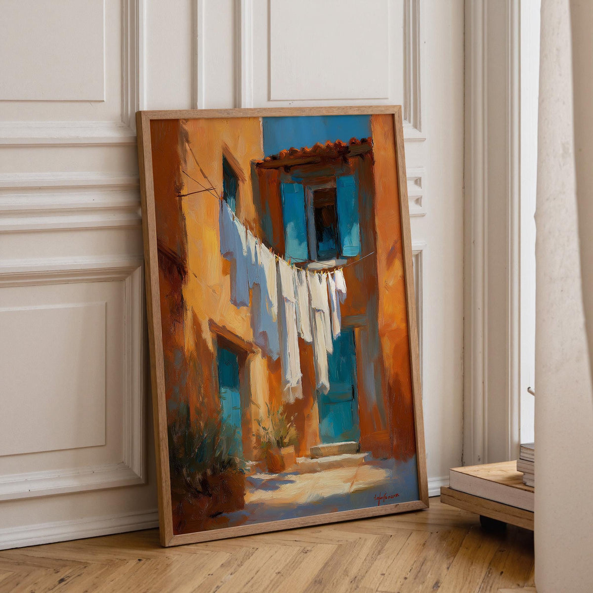 Mediterranean Laundry Line Wall Art, Rustic Italian Alley Print, Coastal Village Painting, Blue Shutter Linen Poster Decor...