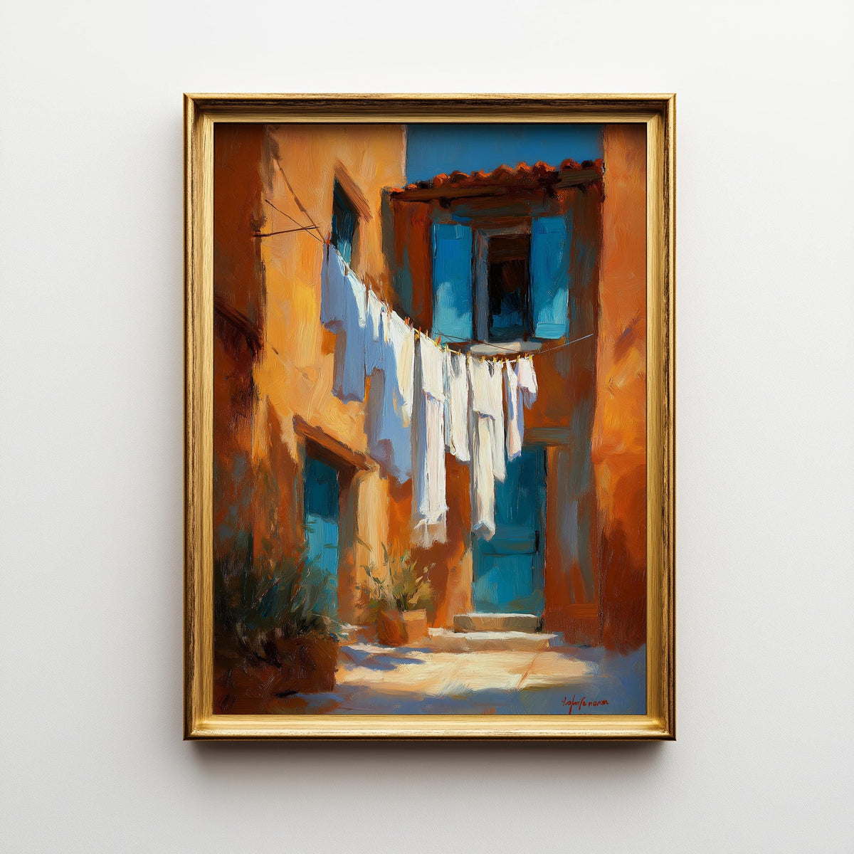 Mediterranean Laundry Line Wall Art, Rustic Italian Alley Print, Coastal Village Painting, Blue Shutter Linen Poster Decor...