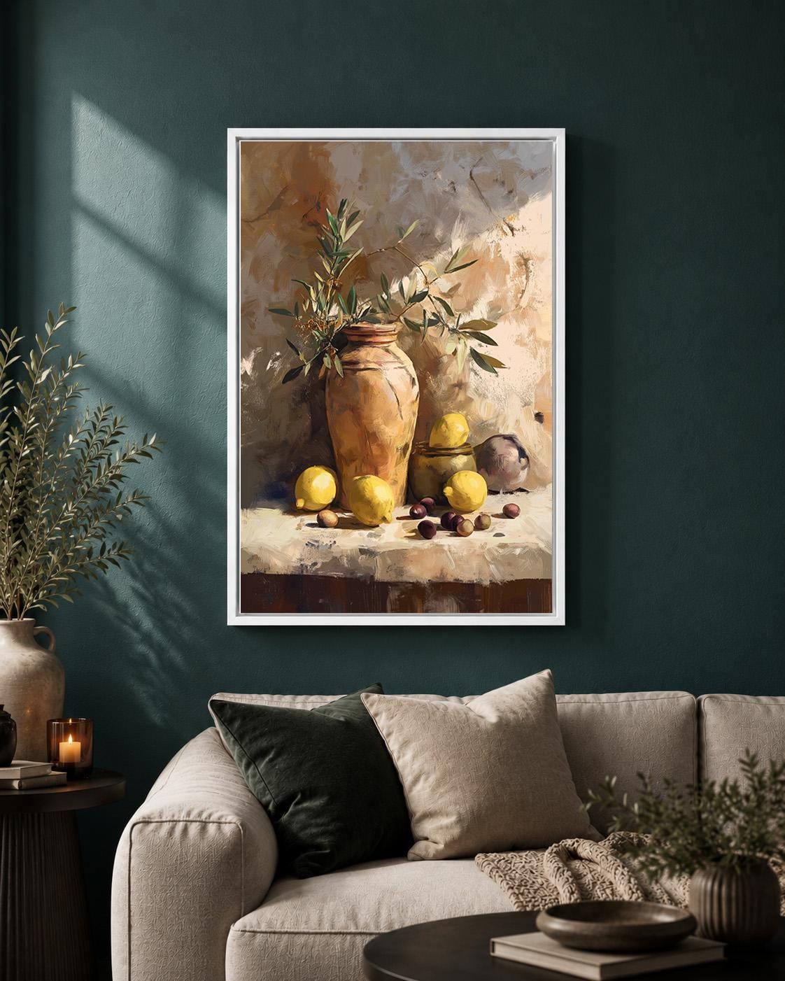 Mediterranean Lemon Still Life Framed Canvas Art, Rustic Olive Branch Tuscan Print by The Wall Art Studio - physical