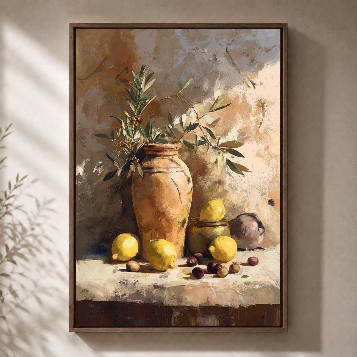 Mediterranean Lemon Still Life Framed Canvas Art, Rustic Olive Branch Tuscan Print by The Wall Art Studio - physical