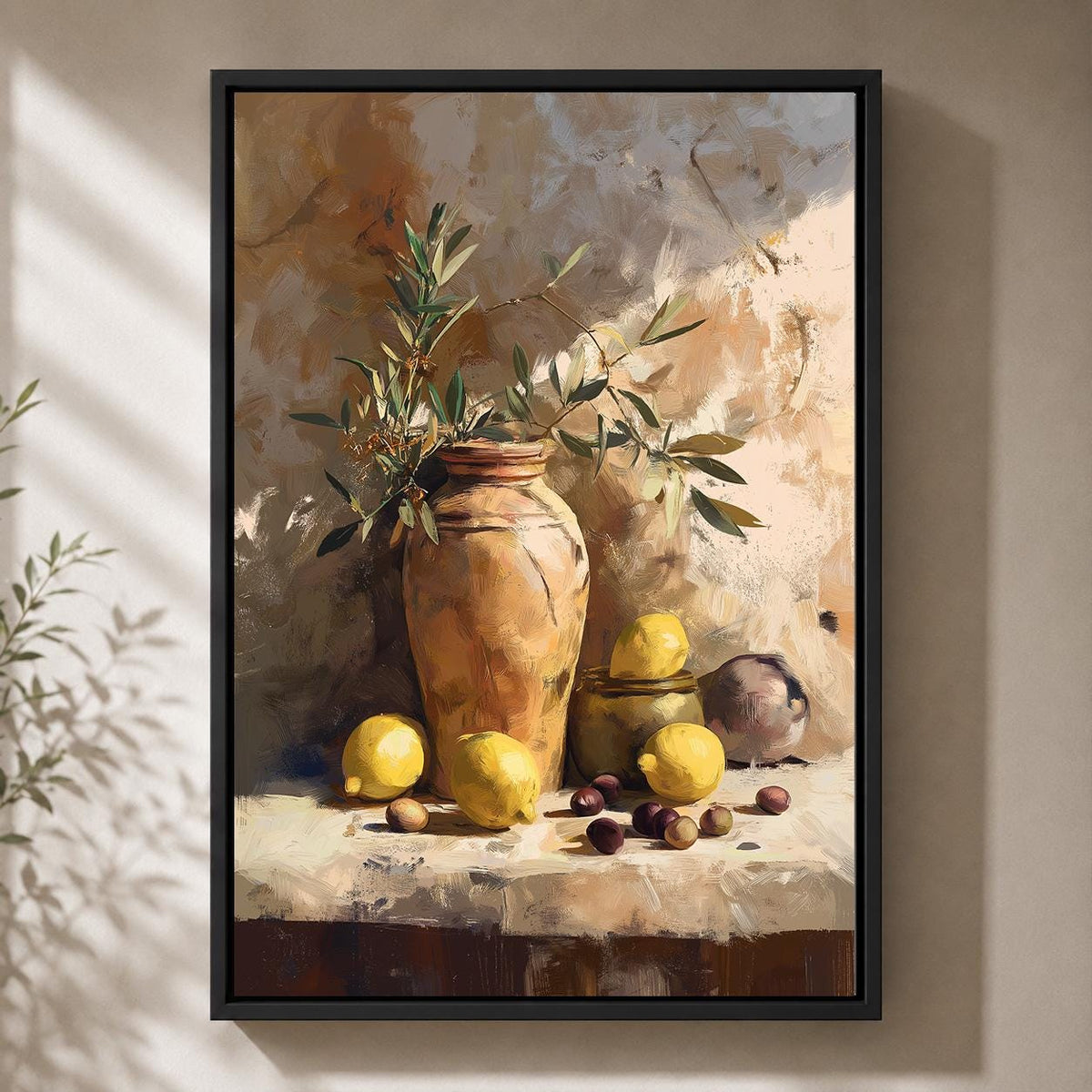 Mediterranean Lemon Still Life Framed Canvas Art, Rustic Olive Branch Tuscan Print by The Wall Art Studio - physical