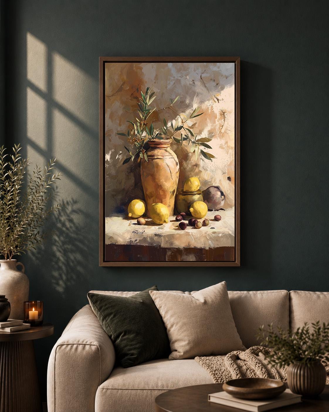 Mediterranean Lemon Still Life Framed Canvas Art, Rustic Olive Branch Tuscan Print by The Wall Art Studio - physical