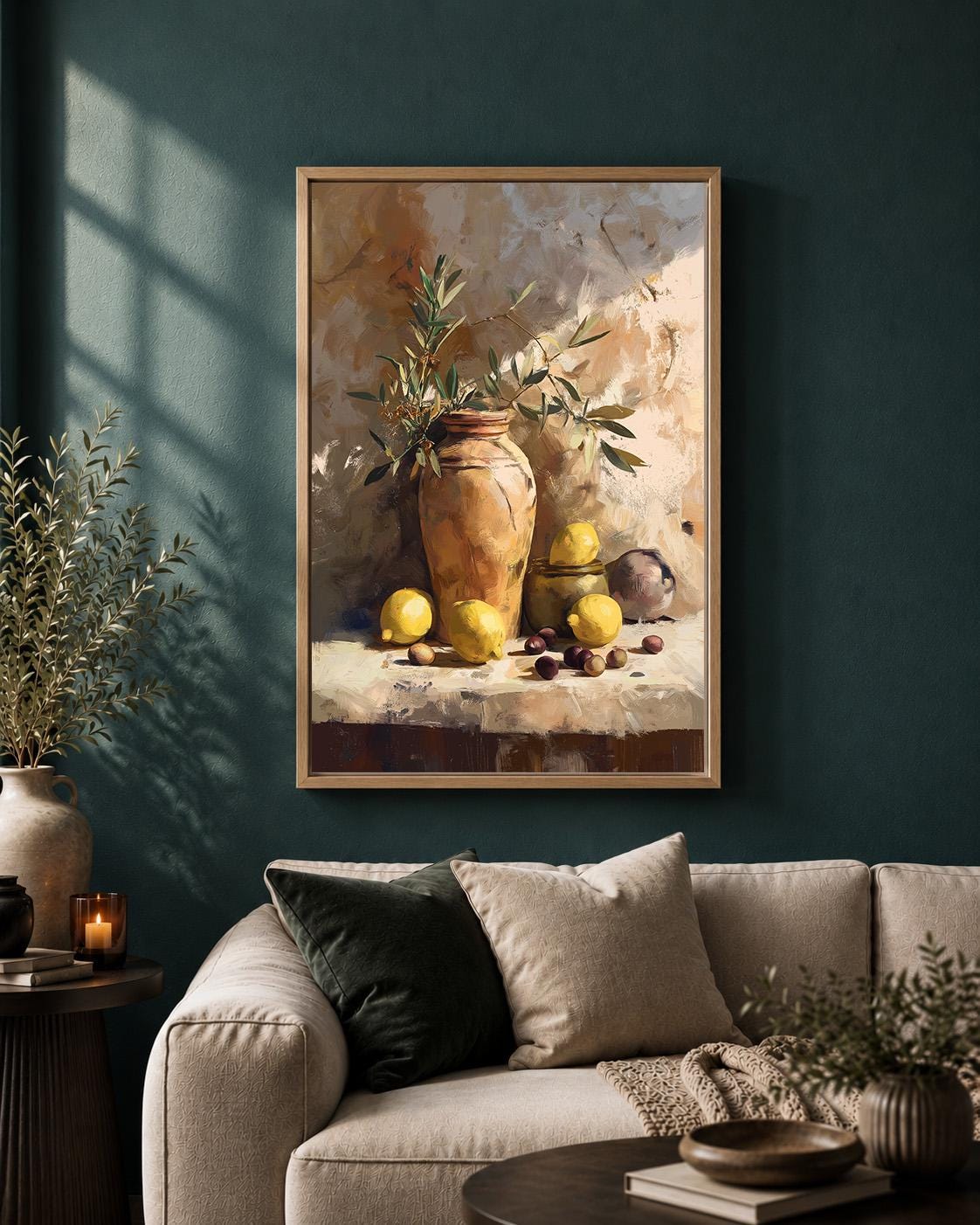 Mediterranean Lemon Still Life Framed Canvas Art, Rustic Olive Branch Tuscan Print by The Wall Art Studio - physical