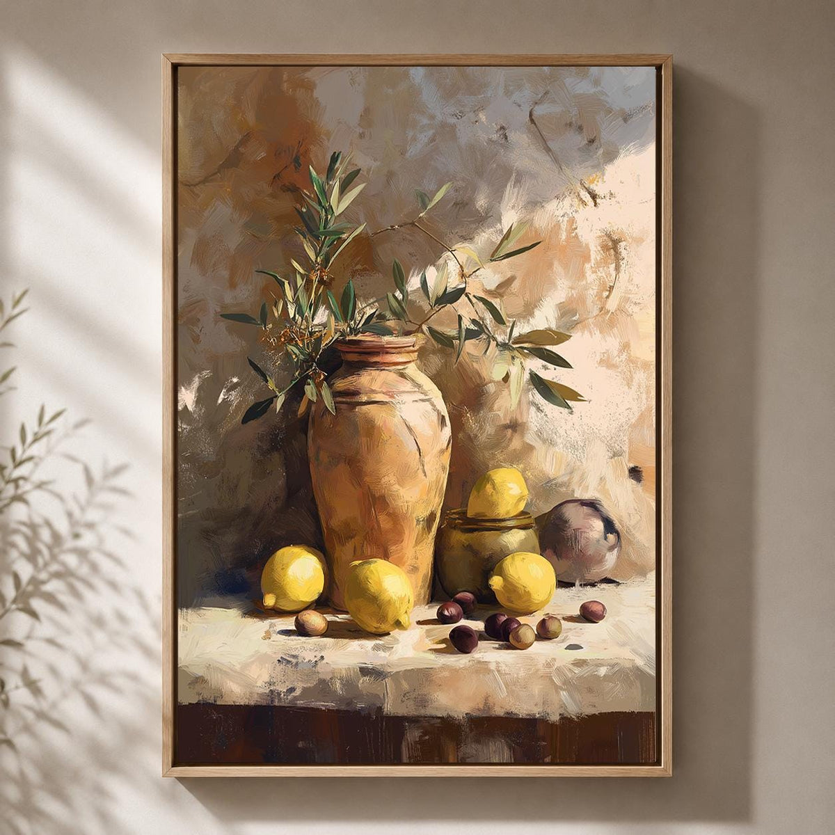 Mediterranean Lemon Still Life Framed Canvas Art, Rustic Olive Branch Tuscan Print by The Wall Art Studio - physical