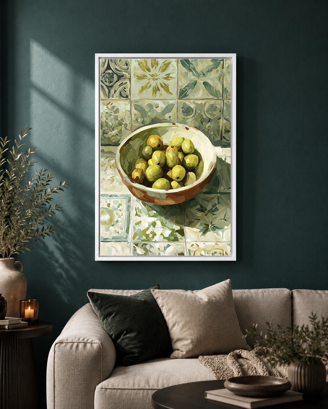 Mediterranean Olive Bowl Still Life Framed Canvas Art, Rustic Tuscan Kitchen Decor by The Wall Art Studio - physical