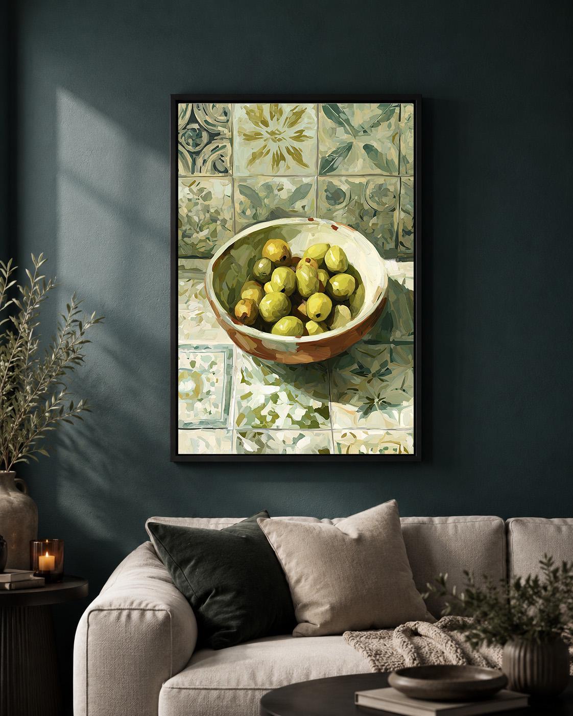 Mediterranean Olive Bowl Still Life Framed Canvas Art, Rustic Tuscan Kitchen Decor by The Wall Art Studio - physical