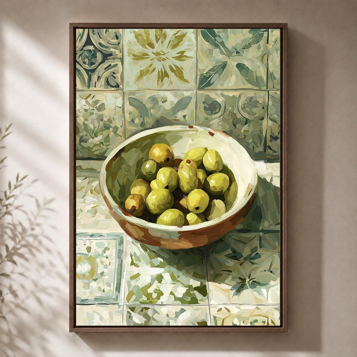 Mediterranean Olive Bowl Still Life Framed Canvas Art, Rustic Tuscan Kitchen Decor by The Wall Art Studio - physical