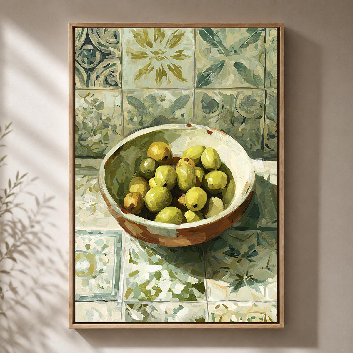 Mediterranean Olive Bowl Still Life Framed Canvas Art, Rustic Tuscan Kitchen Decor by The Wall Art Studio - physical