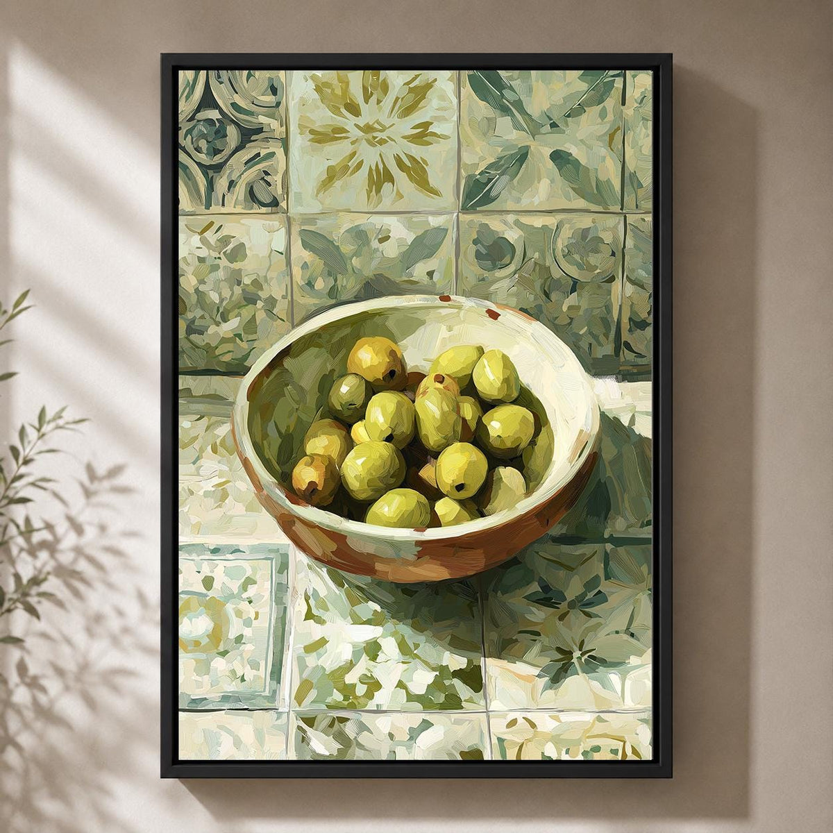 Mediterranean Olive Bowl Still Life Framed Canvas Art, Rustic Tuscan Kitchen Decor by The Wall Art Studio - physical