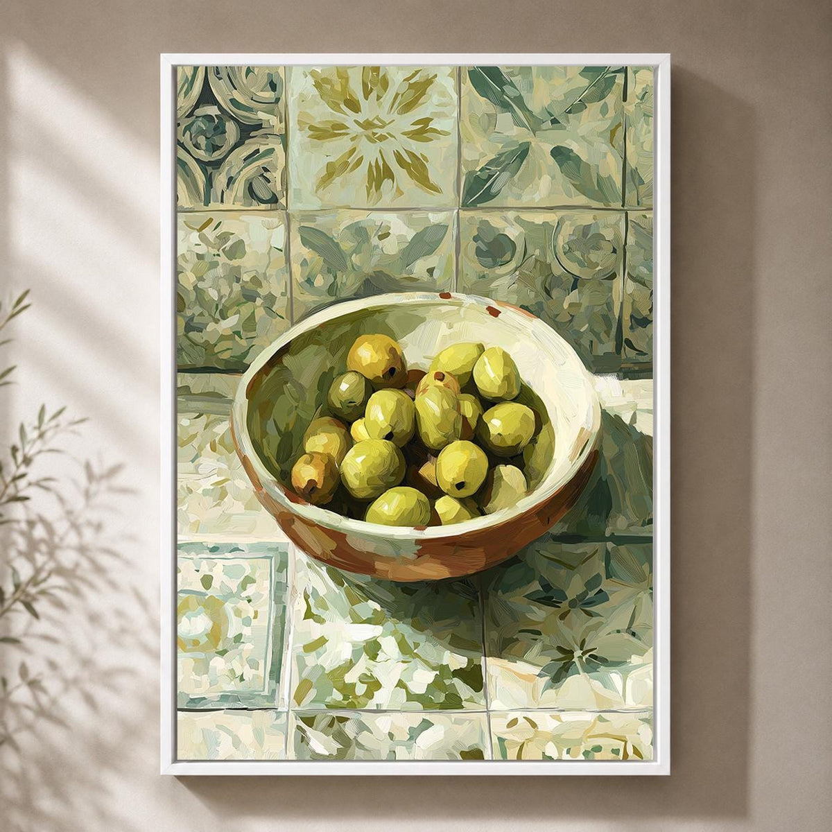 Mediterranean Olive Bowl Still Life Framed Canvas Art, Rustic Tuscan Kitchen Decor by The Wall Art Studio - physical