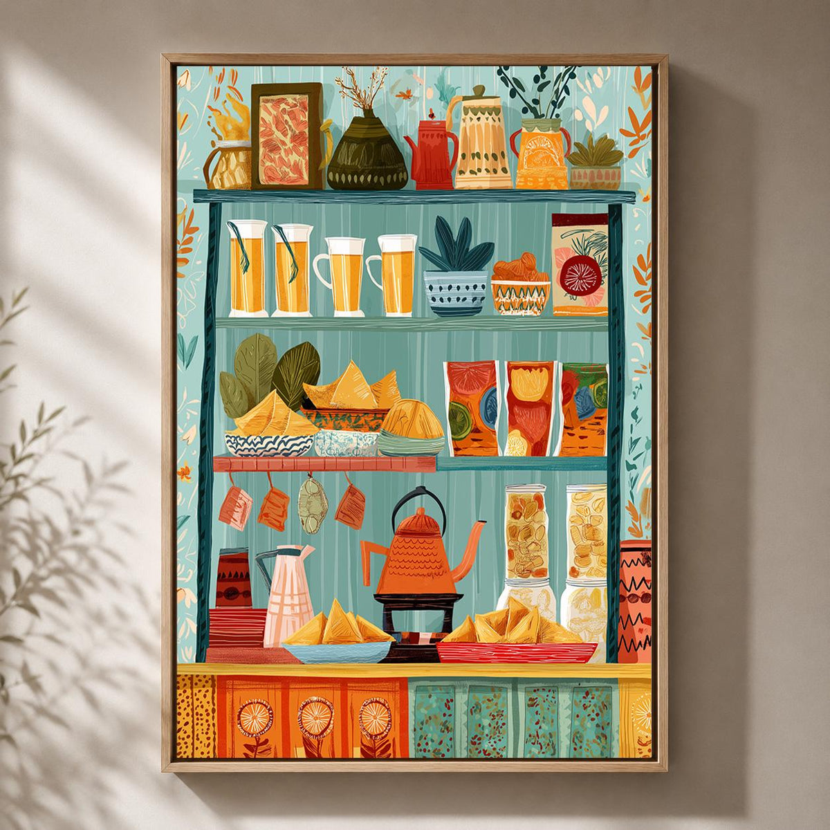 Mediterranean Pantry Framed Canvas Art, Colorful Food Shelf Print, Italian Kitchen Decor by The Wall Art Studio - physical