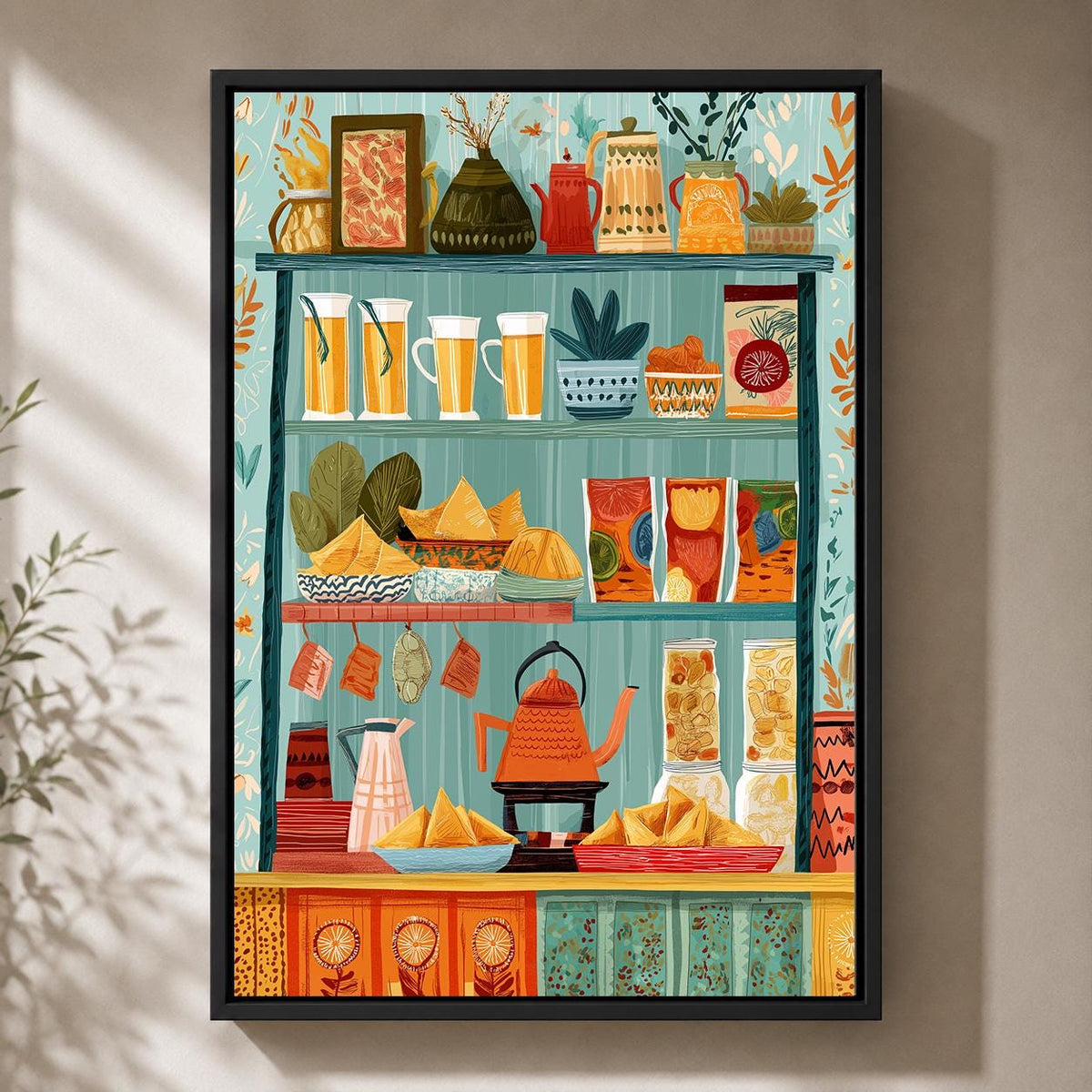 Mediterranean Pantry Framed Canvas Art, Colorful Food Shelf Print, Italian Kitchen Decor by The Wall Art Studio - physical