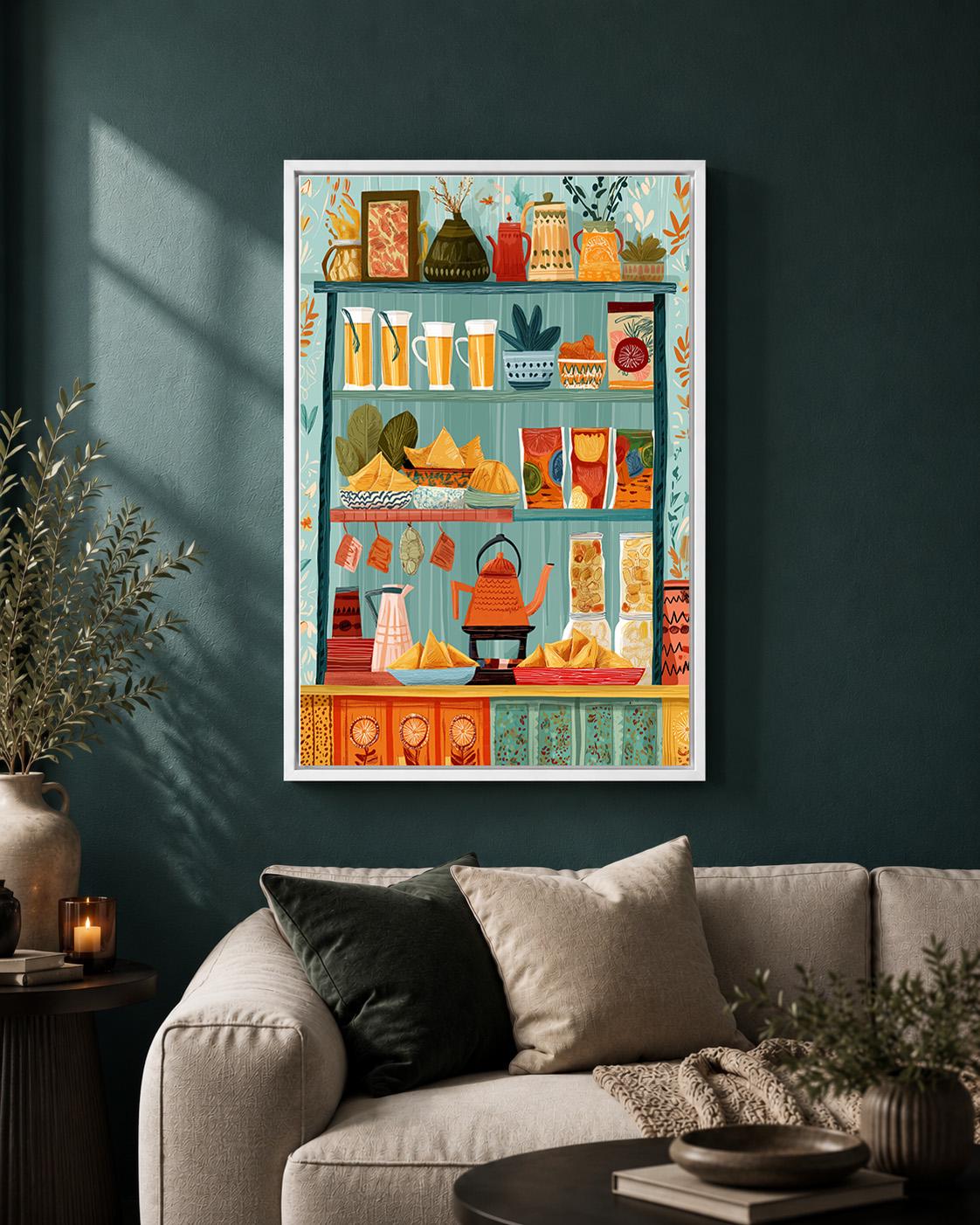 Mediterranean Pantry Framed Canvas Art, Colorful Food Shelf Print, Italian Kitchen Decor by The Wall Art Studio - physical