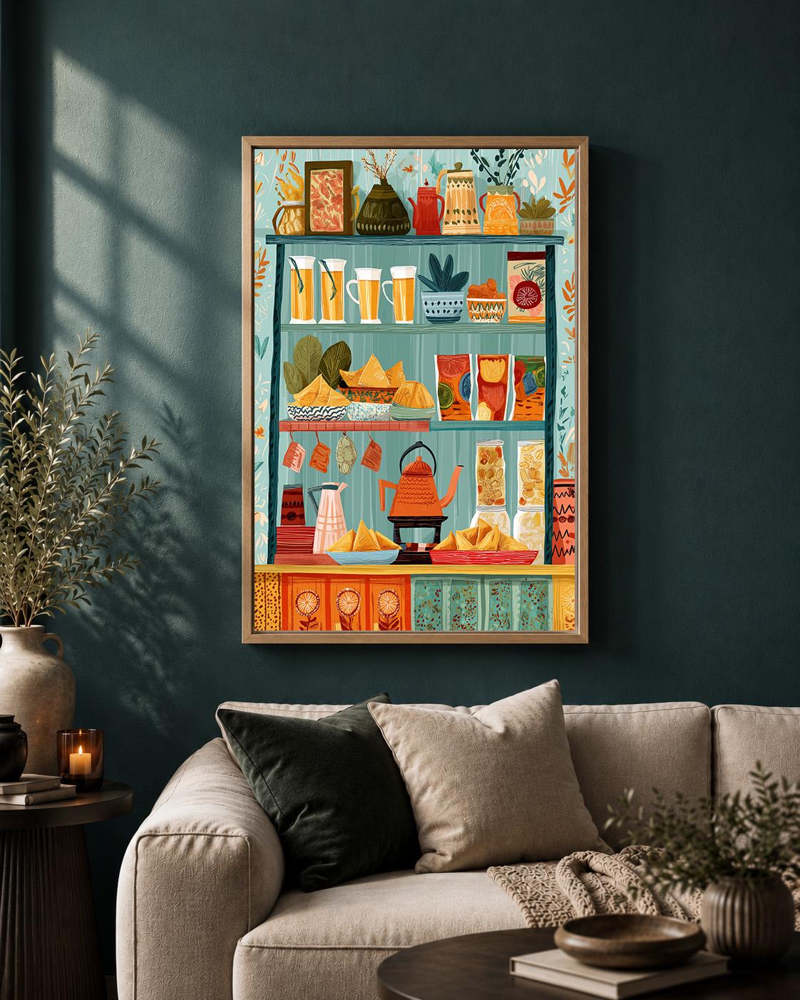 Mediterranean Pantry Framed Canvas Art, Colorful Food Shelf Print, Italian Kitchen Decor by The Wall Art Studio - physical