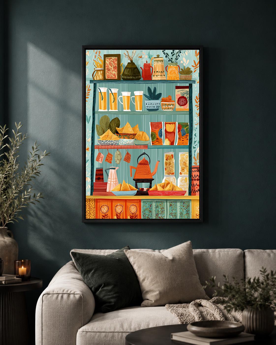 Mediterranean Pantry Framed Canvas Art, Colorful Food Shelf Print, Italian Kitchen Decor by The Wall Art Studio - physical