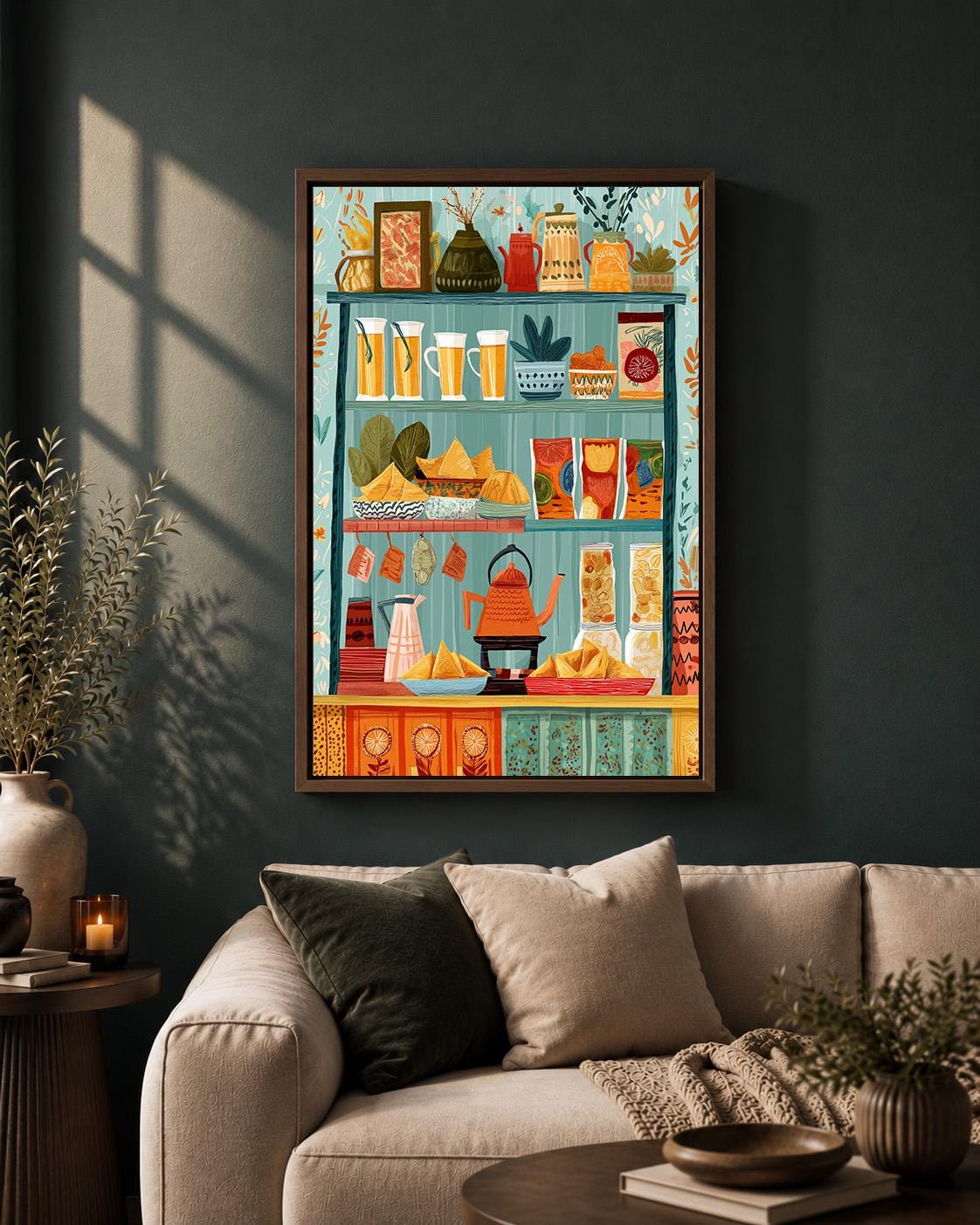 Mediterranean Pantry Framed Canvas Art, Colorful Food Shelf Print, Italian Kitchen Decor by The Wall Art Studio - physical
