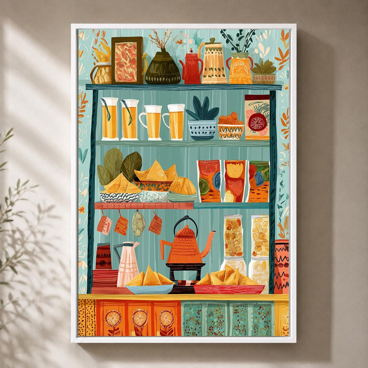Mediterranean Pantry Framed Canvas Art, Colorful Food Shelf Print, Italian Kitchen Decor by The Wall Art Studio - physical