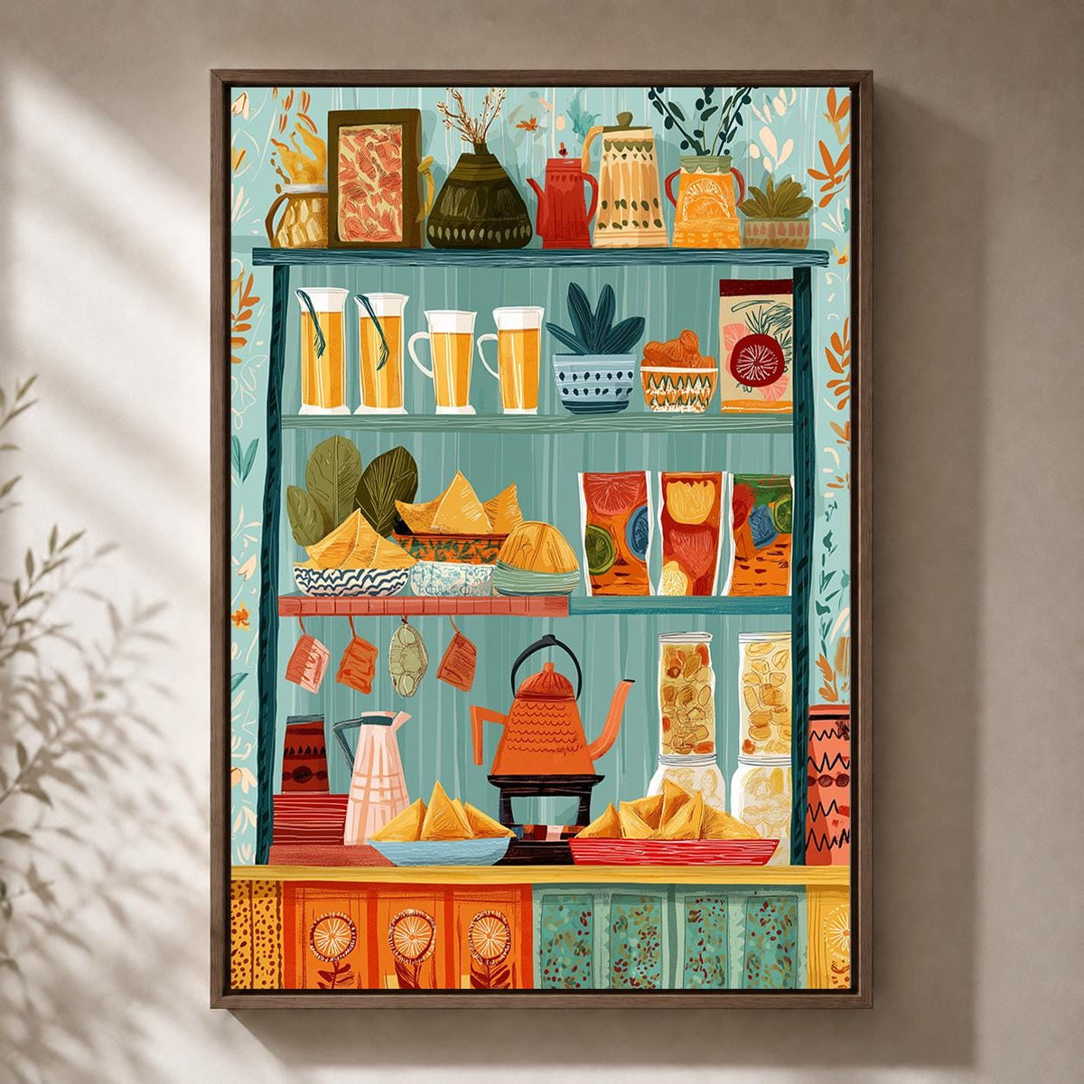Mediterranean Pantry Framed Canvas Art, Colorful Food Shelf Print, Italian Kitchen Decor by The Wall Art Studio - physical